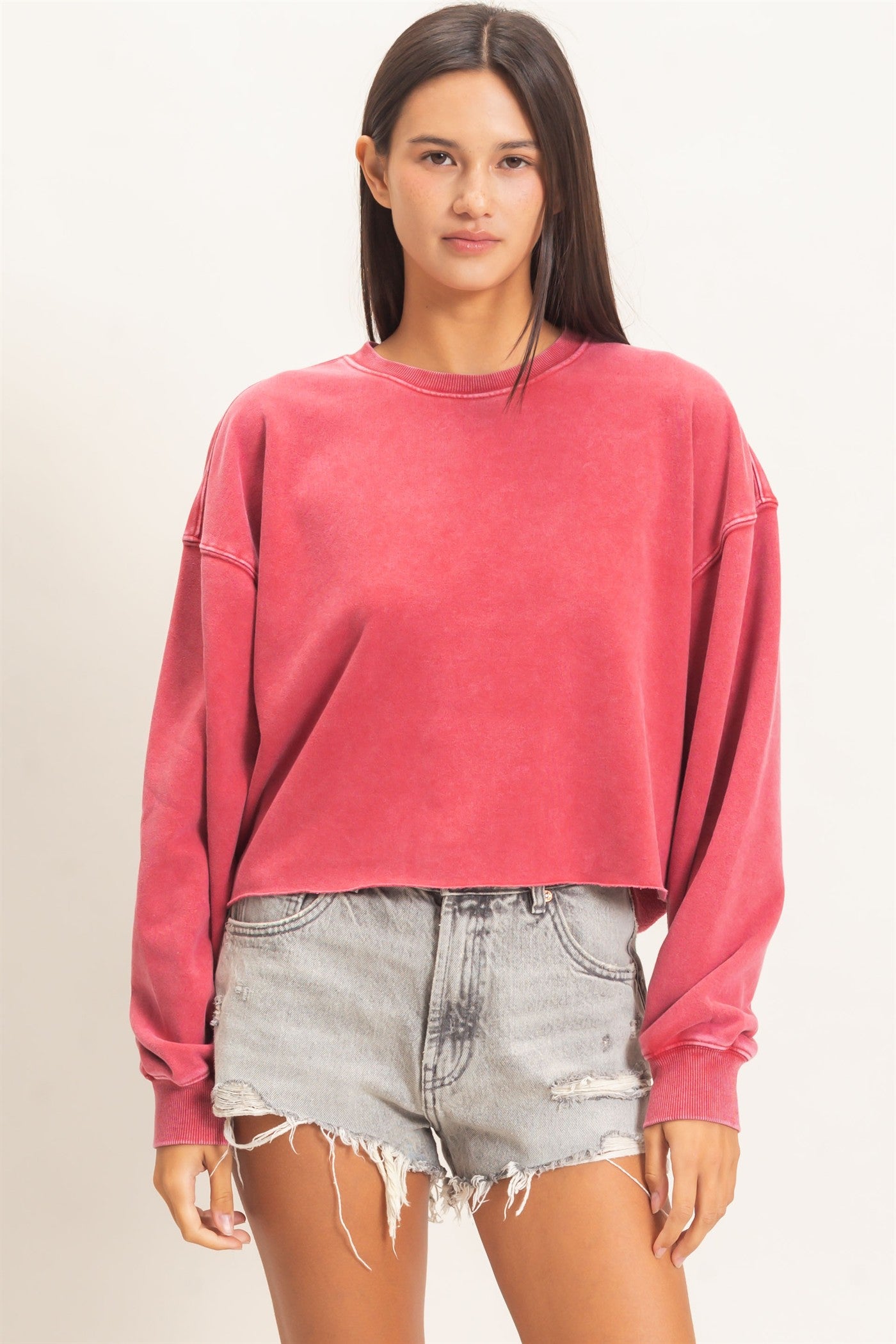 Wholesale Mineral Wash Raw Hem Cropped Sweatshirt Sweatshirts DZ26C968 DARK RED DOUBLE ZERO