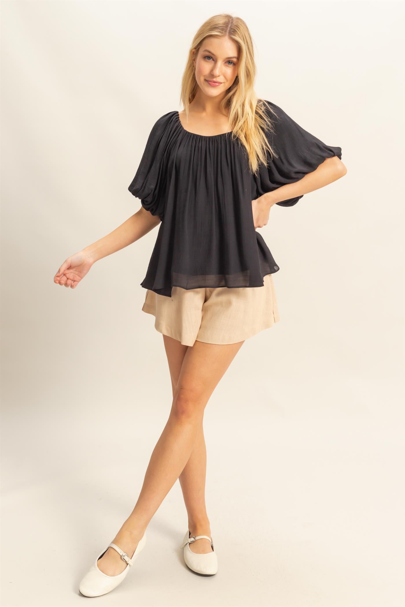Wholesale Gathered Puff Sleeve Blouse Blouses HF26C307 BLACK HYFVE