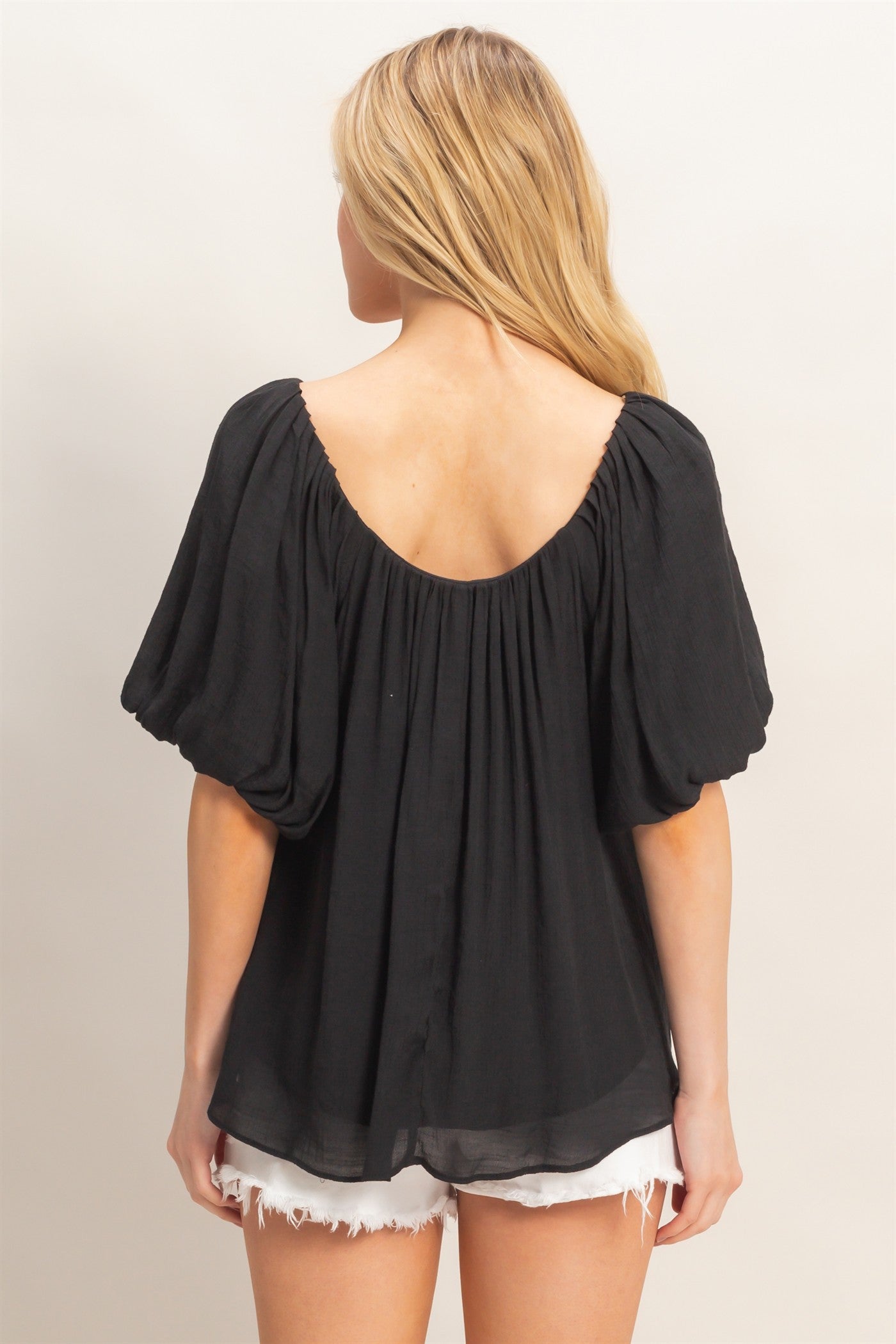 Wholesale Gathered Puff Sleeve Blouse Blouses HF26C307 BLACK HYFVE
