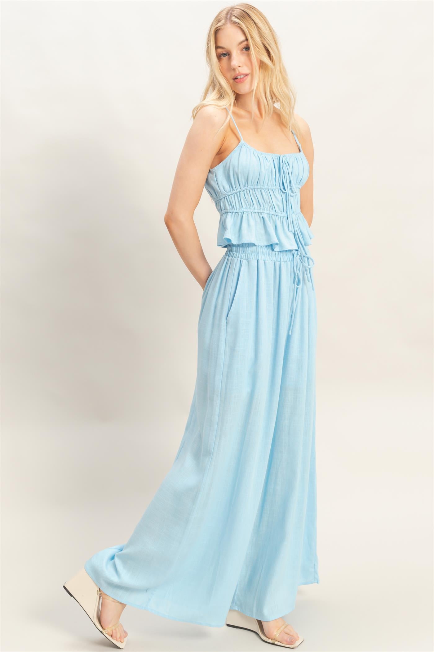 Wholesale Tiered Tank & Palazzo Set Clothing HF26C316-SET-D LIGHT BLUE HYFVE