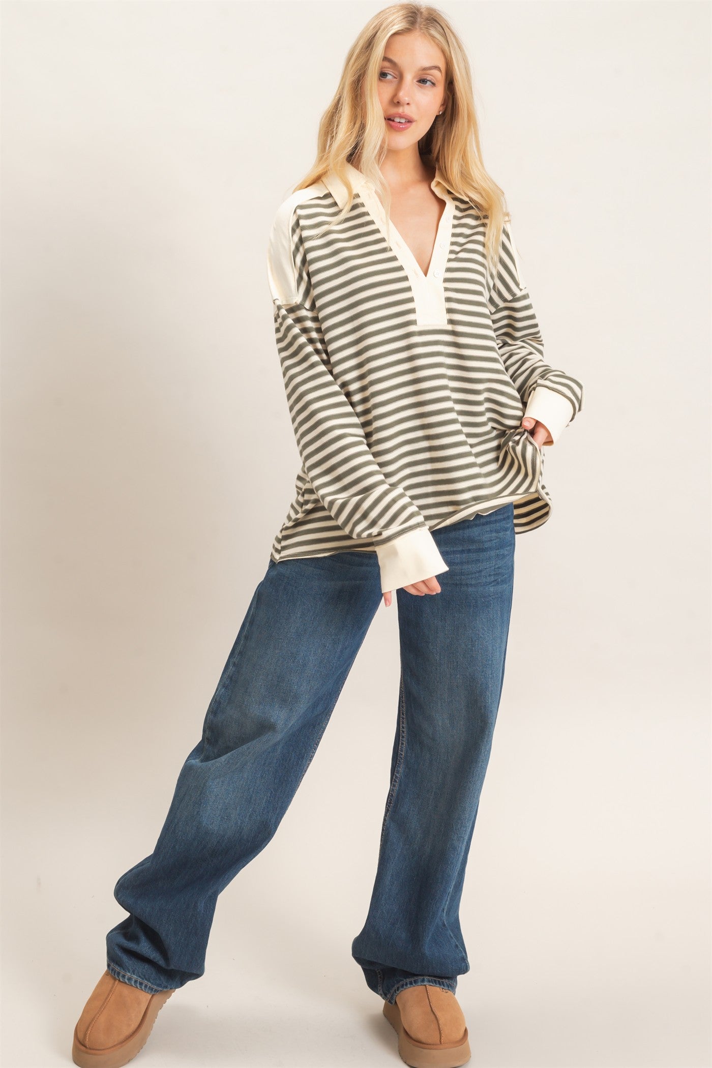Wholesale Striped Henley Sweatshirt Clothing Tops HF26F089 OLIVE GRAY HYFVE