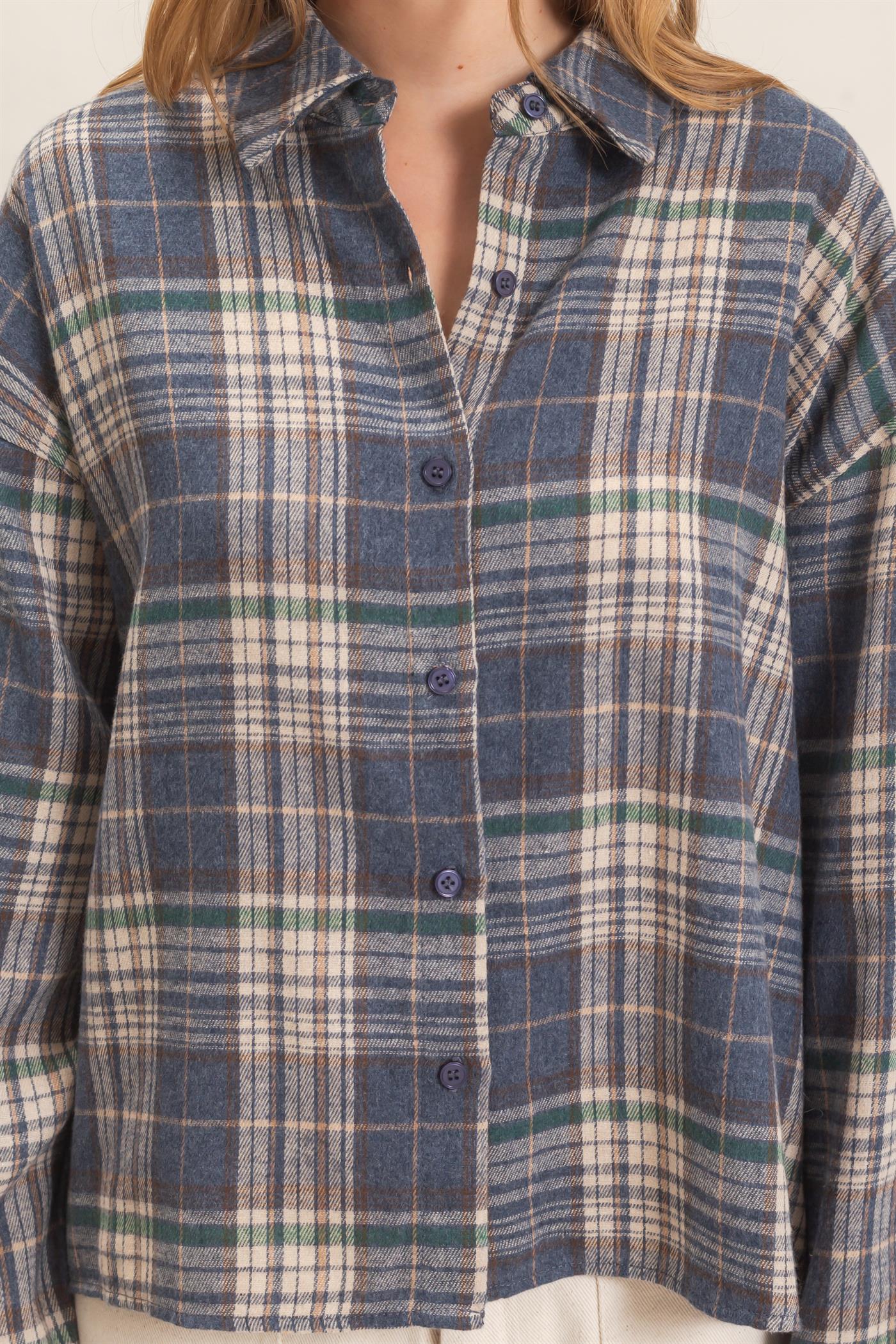 Wholesale Plaid Button-Up Shirt Clothing Tops HF26E467 BLUE HYFVE