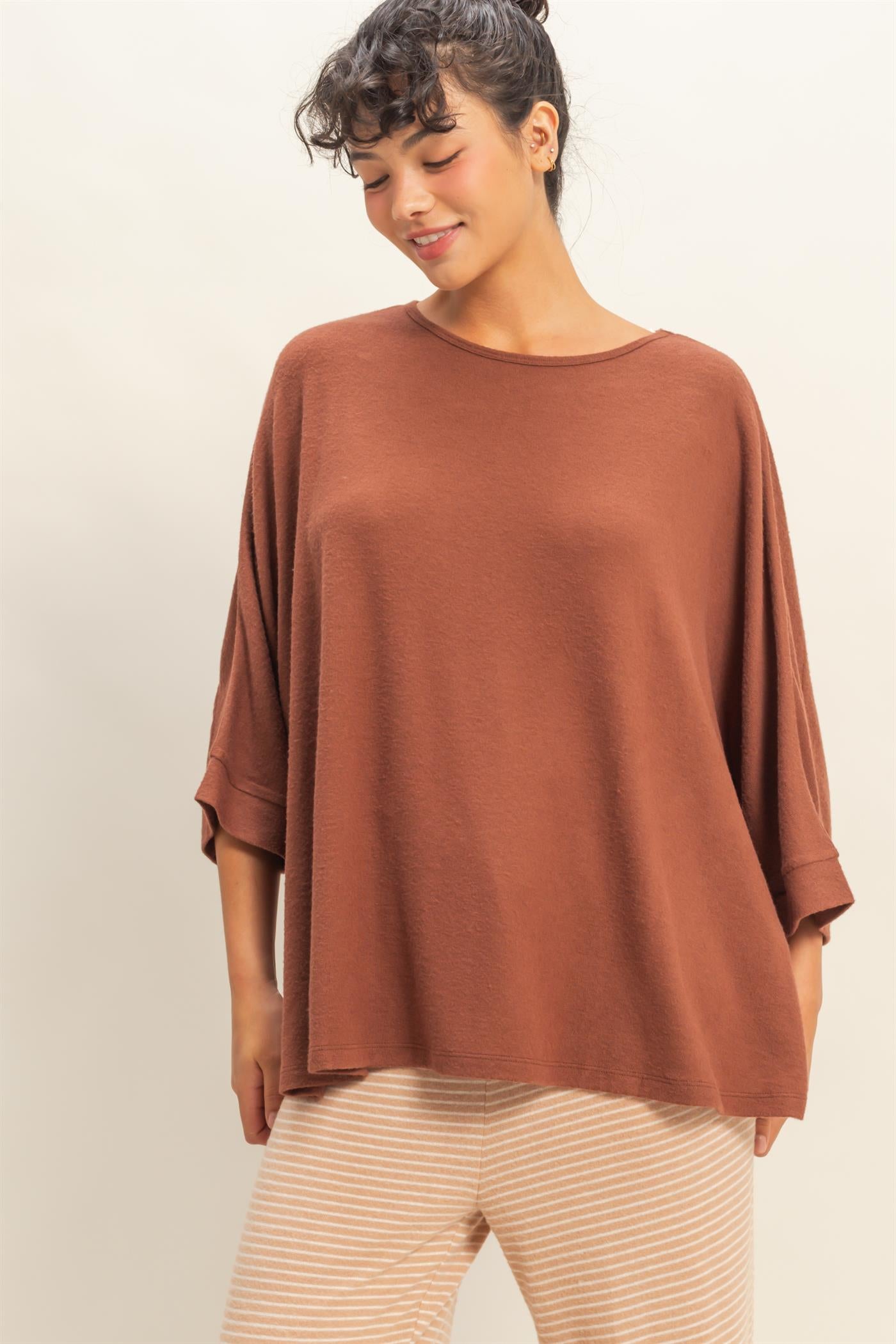 Wholesale Batwing 3/4 Sleeve Oversized Top Clothing Tops DZ25E133 CHESTNUT DOUBLE ZERO