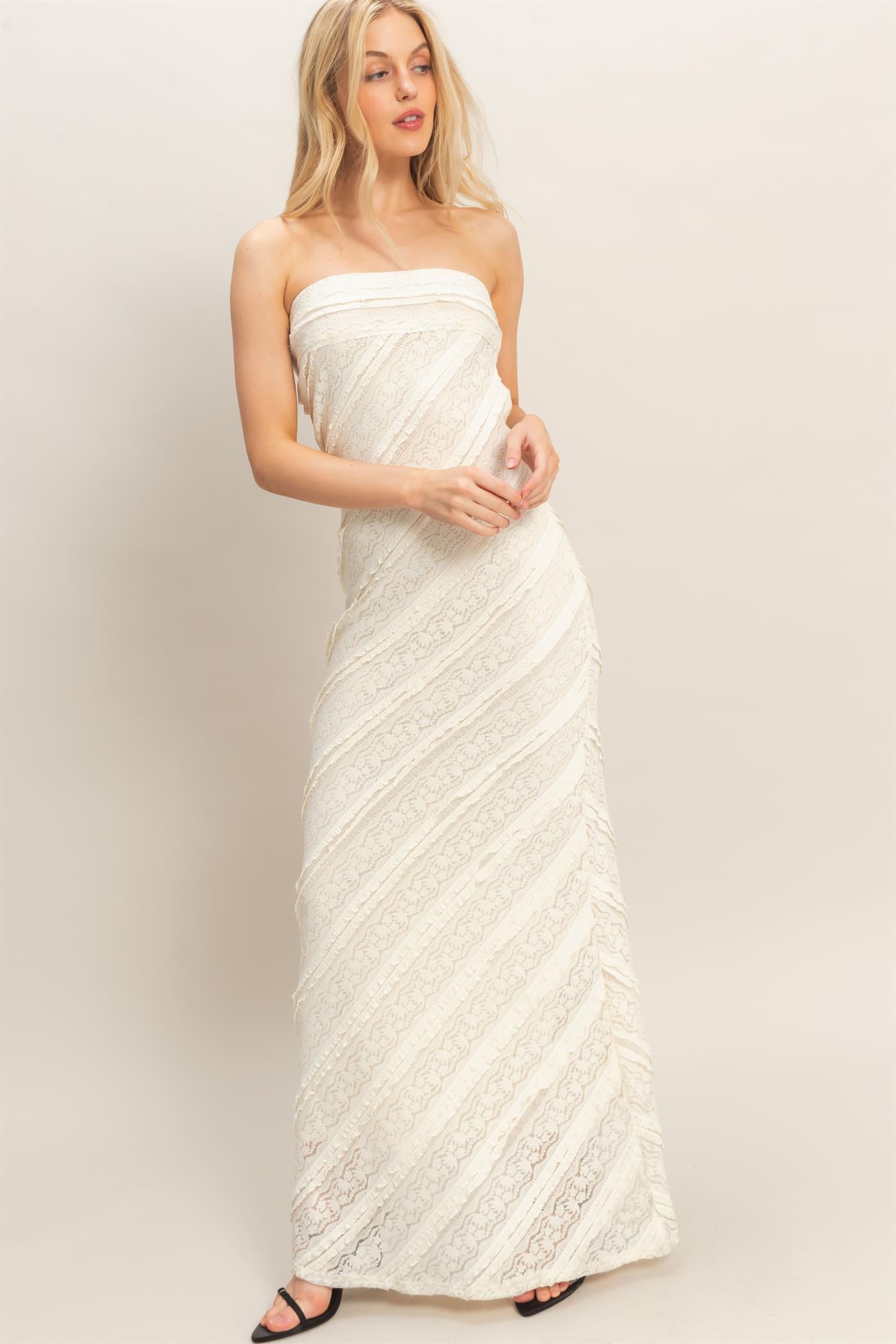 Wholesale Strapless Ruched Maxi Dress Dresses HF26A105 CREAM HYFVE