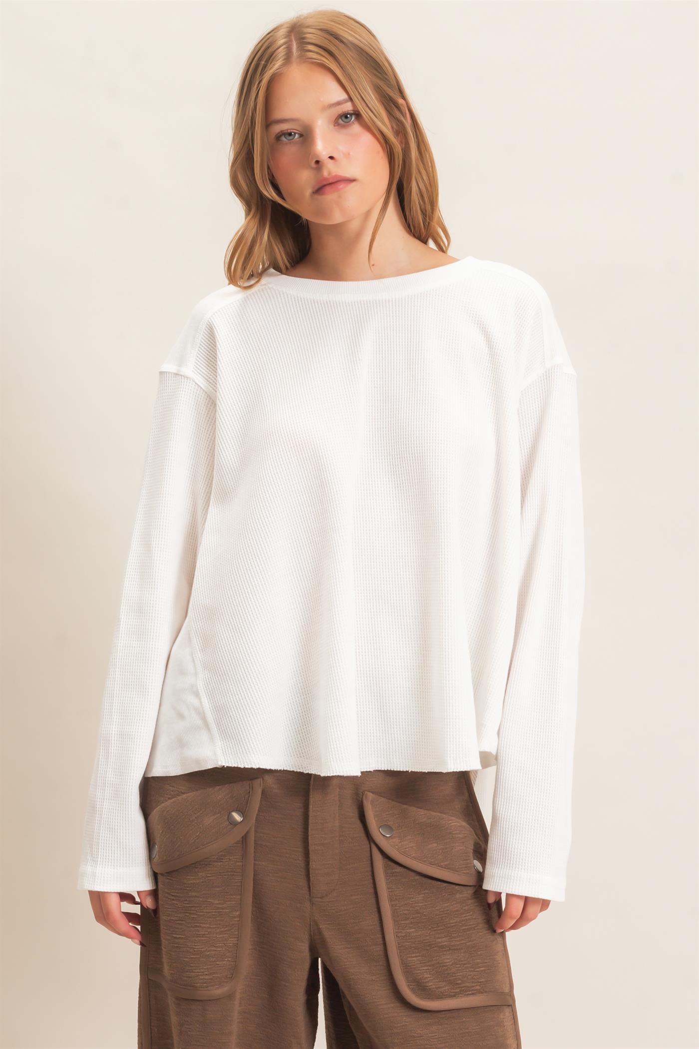 Wholesale Waffle Knit Crew Neck Top Clothing Tops HF26E078 OFF WHITE HYFVE
