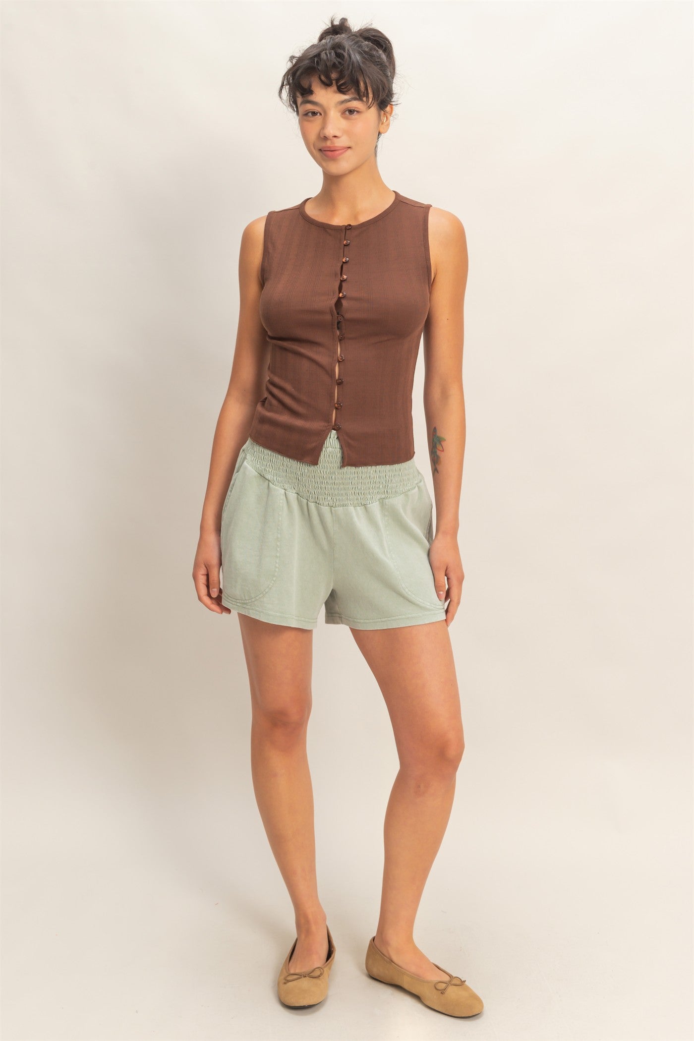 Wholesale Sleeveless Pointelle Button Front Top Clothing Tops DZ26A759 CHOCOLATE DOUBLE ZERO