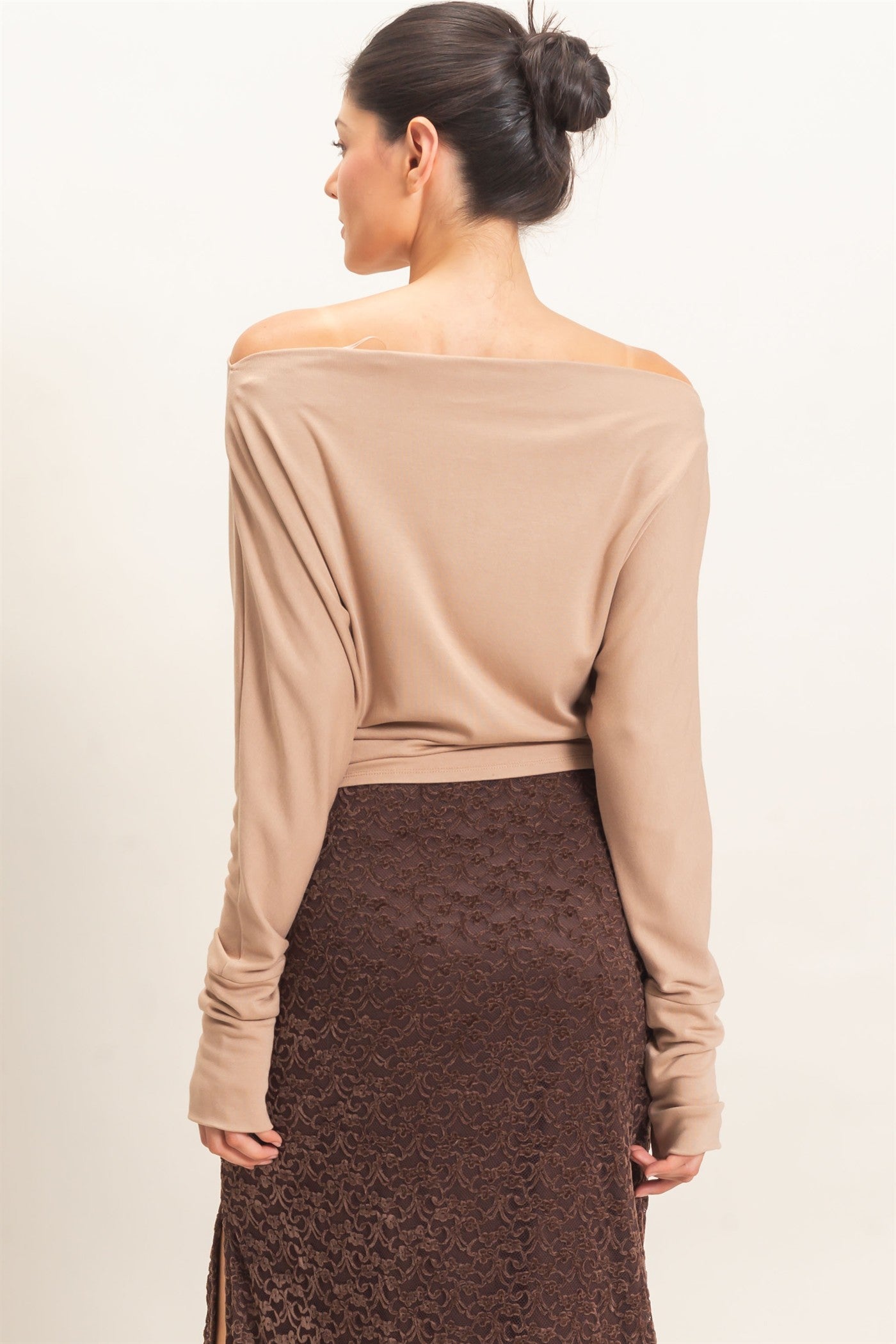Wholesale Wide Boat Neck Dolman Sleeve Top Shirts HF26C883 LIGHT BROWN HYFVE