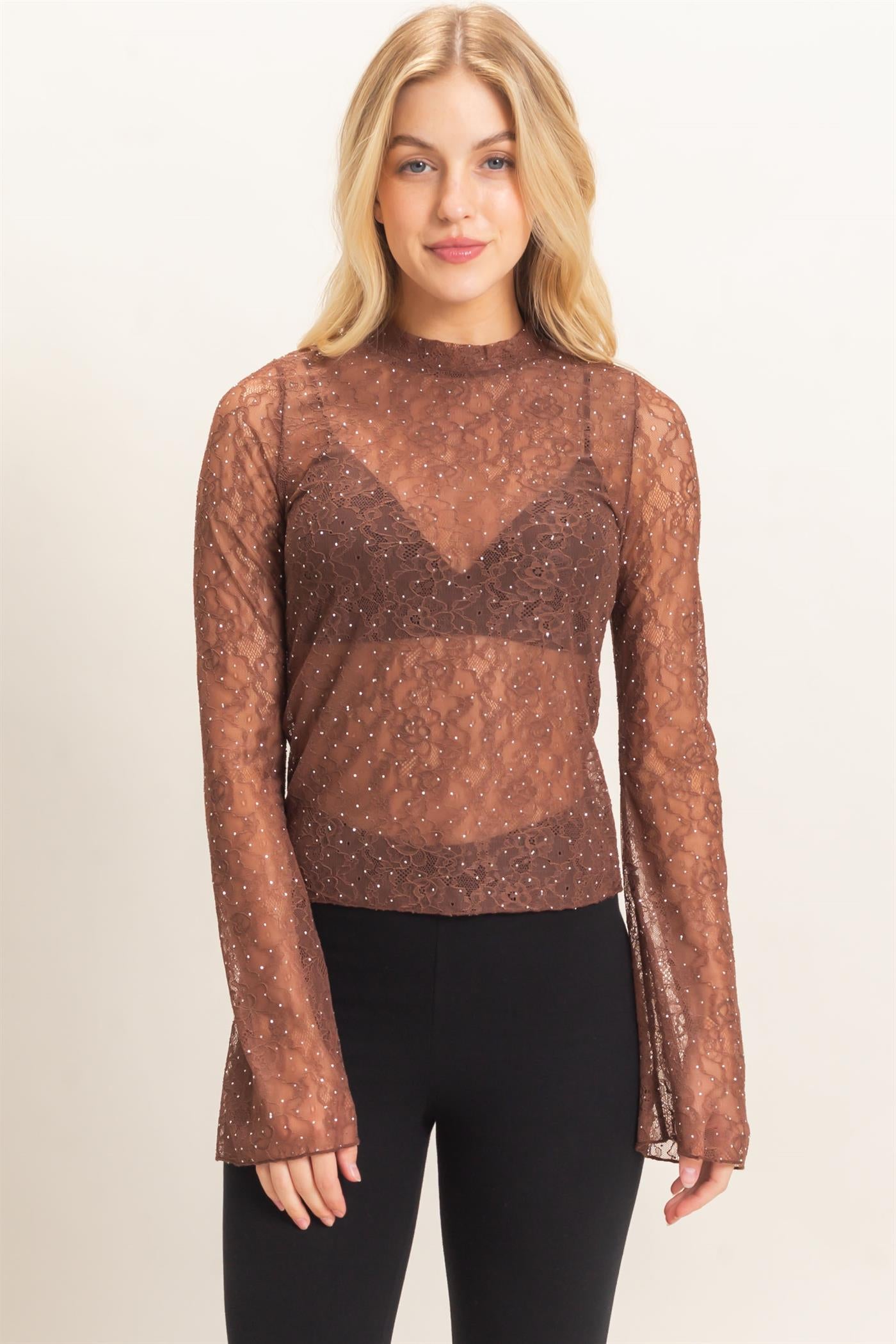 Wholesale Sheer Lace Gem-Embellished Top Clothing Tops HF26F055 BROWN HYFVE