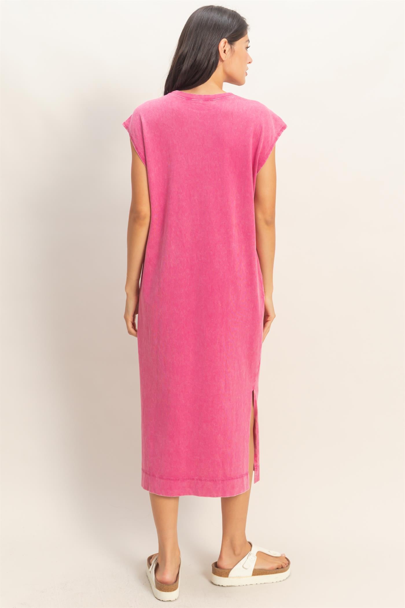 Wholesale Mineral Wash Cap Sleeve Midi Dress Dresses DZ26A049 FUCHSIA DOUBLE ZERO