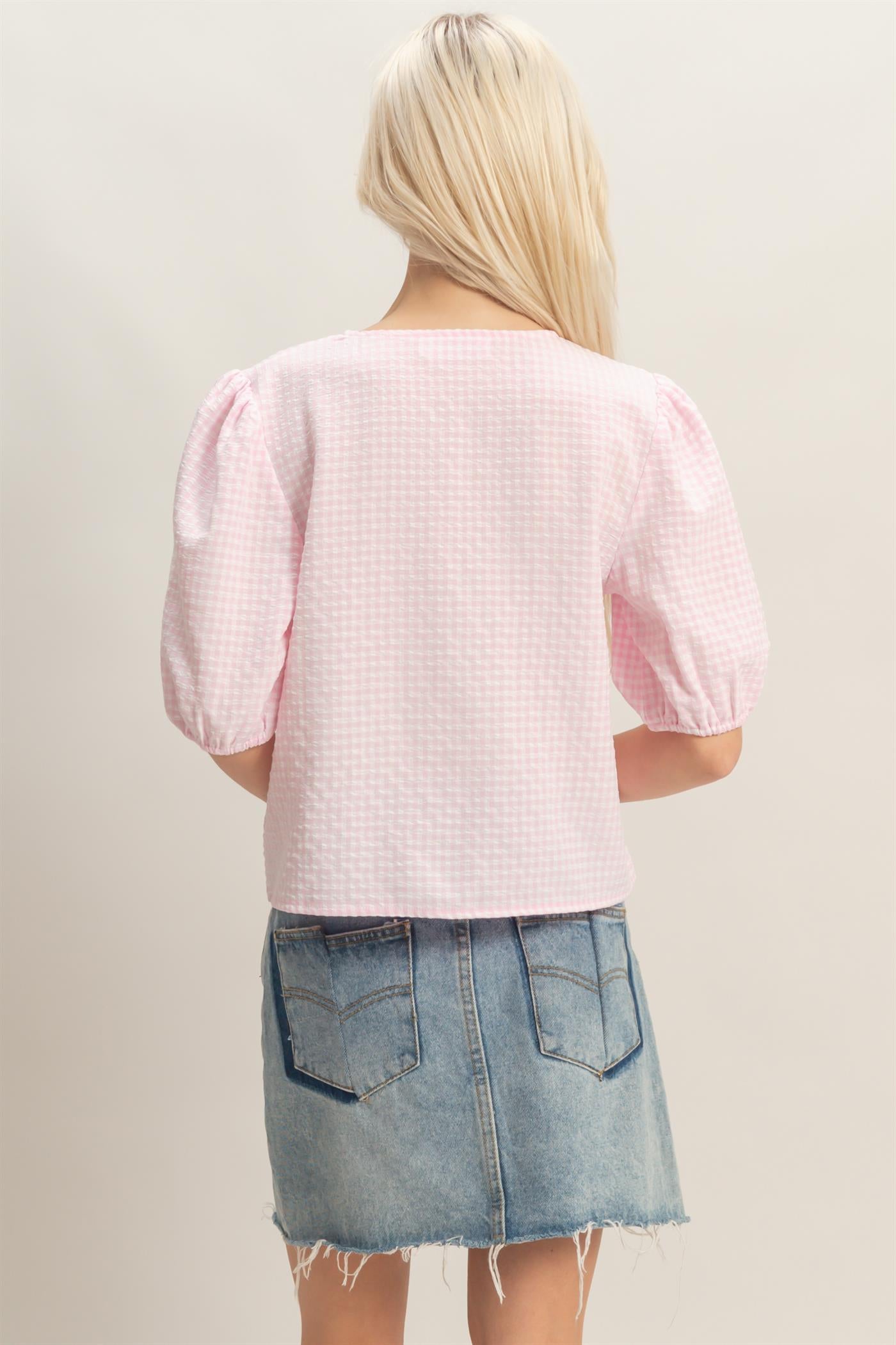 Wholesale Gingham Bow Tie Puff Sleeve Blouse Blouses DZ26C229 PINK DOUBLE ZERO