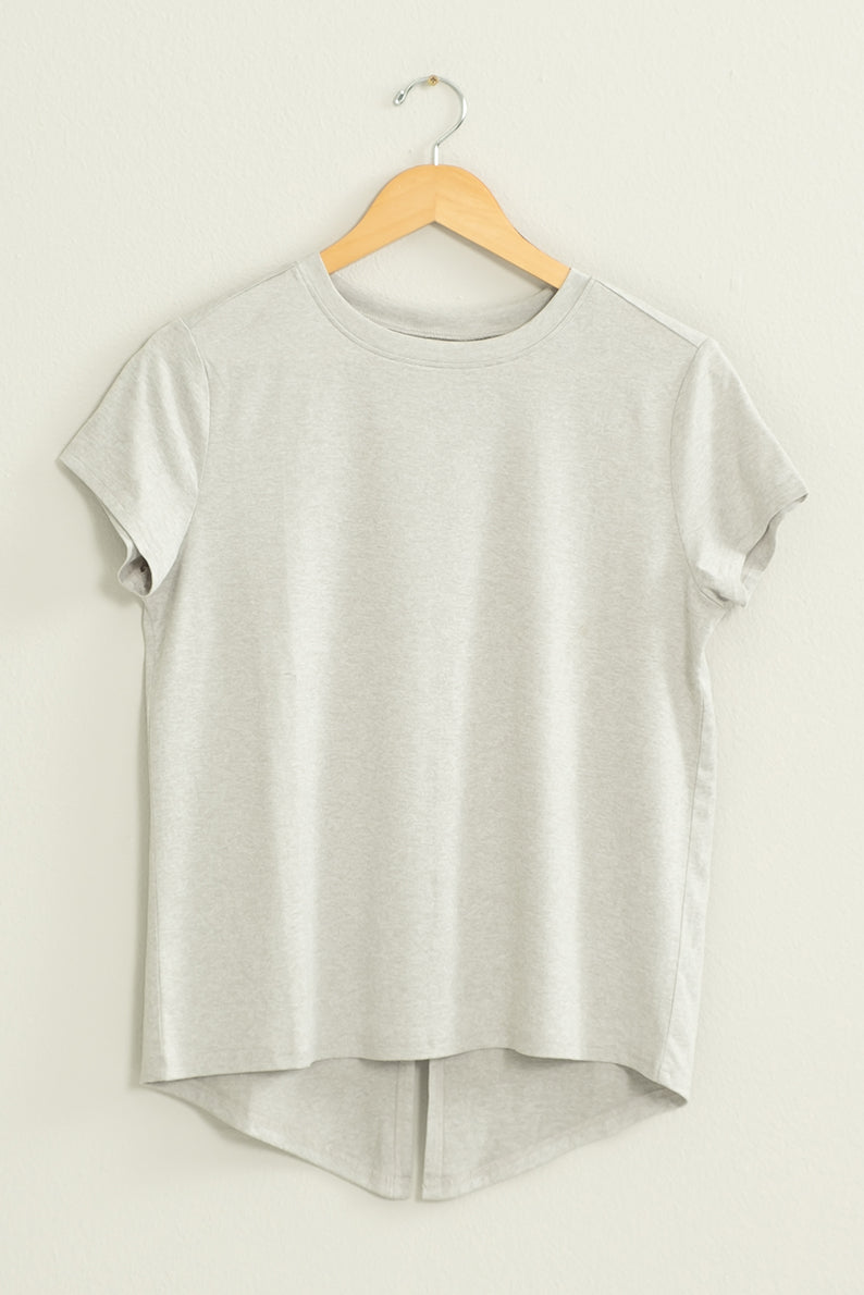 Wholesale All Yours Short Sleeve Open Back Tee Clothing Tops DZ22E576 LIGHT HEATHER GRAY DOUBLE ZERO