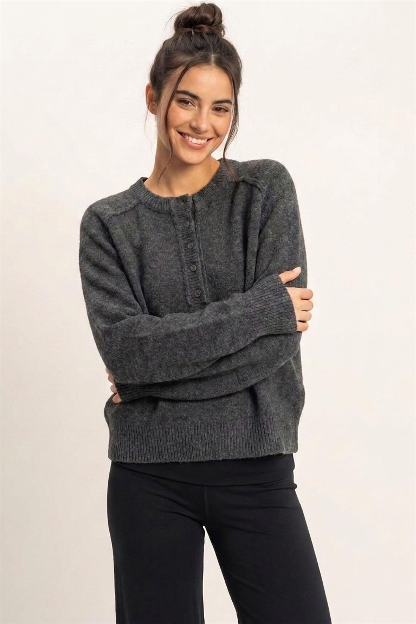 Wholesale Henley Sweater With Reverse Seams Sweaters DZ26F004 CHARCOAL DOUBLE ZERO
