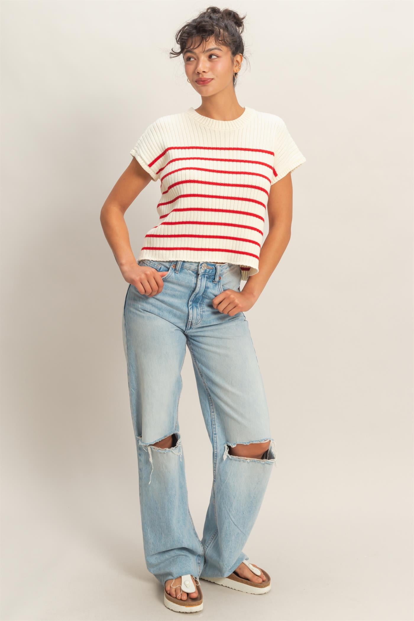 Wholesale Sleeveless Ribbed Striped Knit Top Clothing Tops DZ26A209 RED DOUBLE ZERO