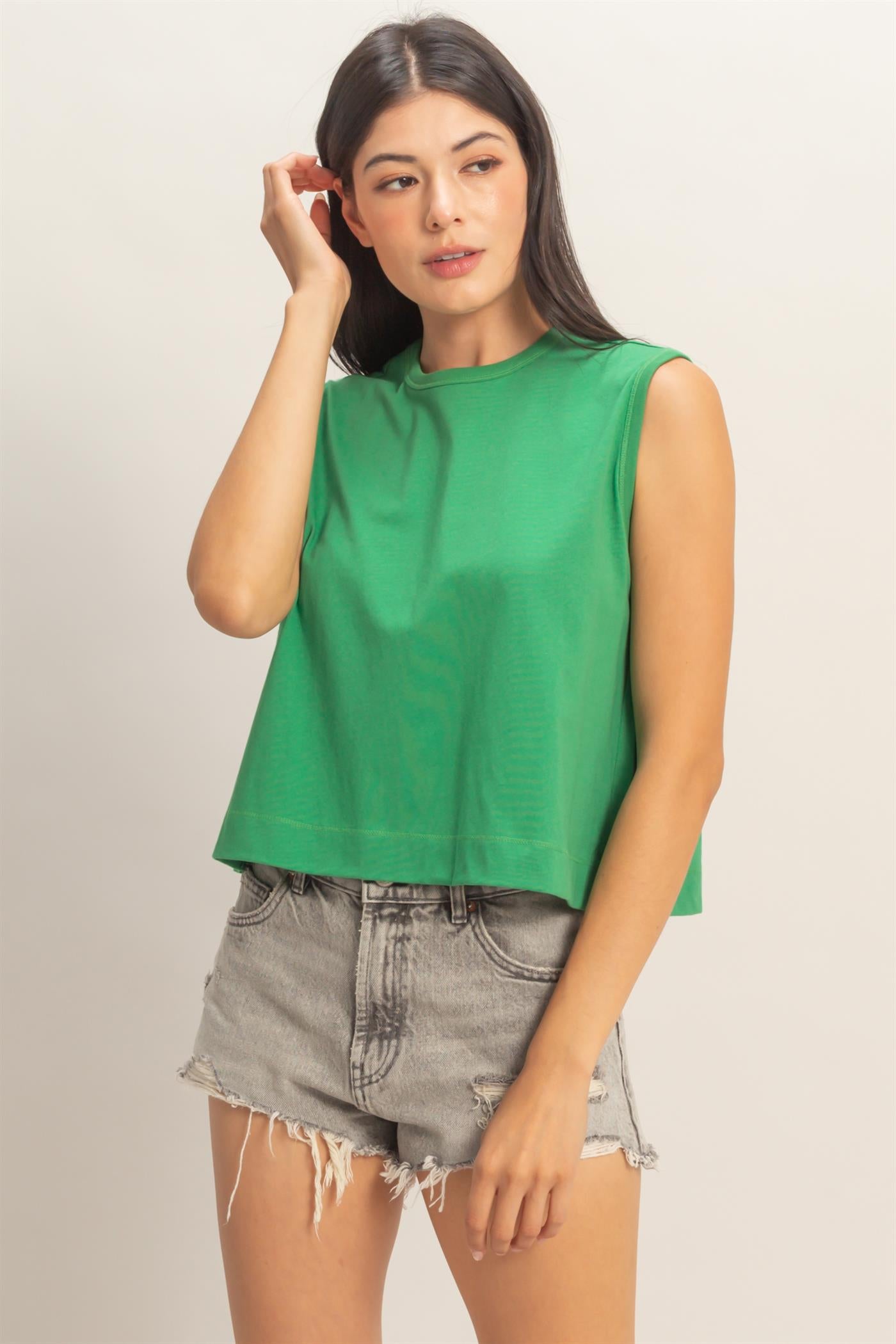 Wholesale Sleeveless Crew Neck Top With Back Pleats Clothing Tops DZ26A999 GREEN DOUBLE ZERO