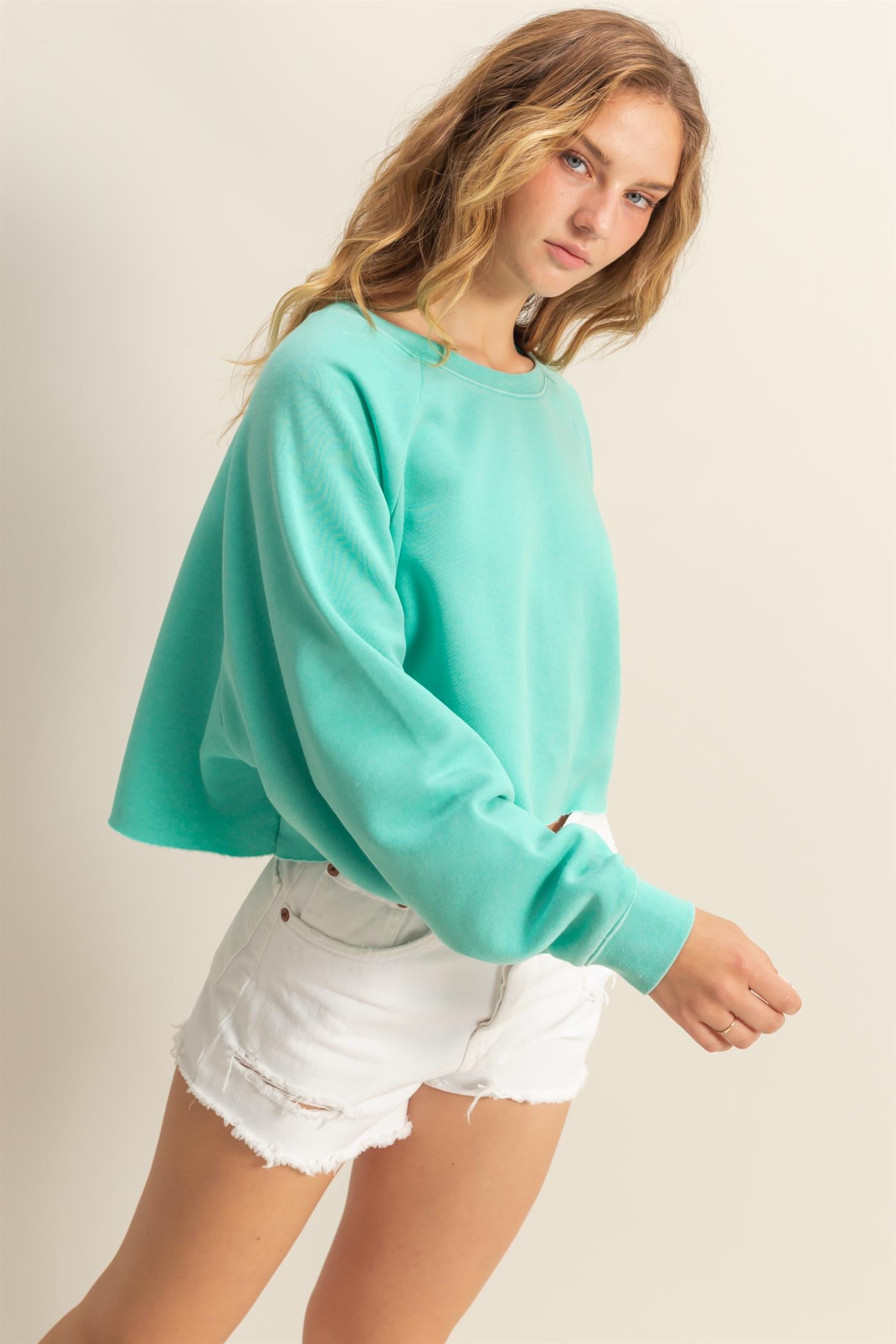 Wholesale Laid Back Crop Sweatshirt Sweatshirts DZ25C445 TURQUOISE DOUBLE ZERO