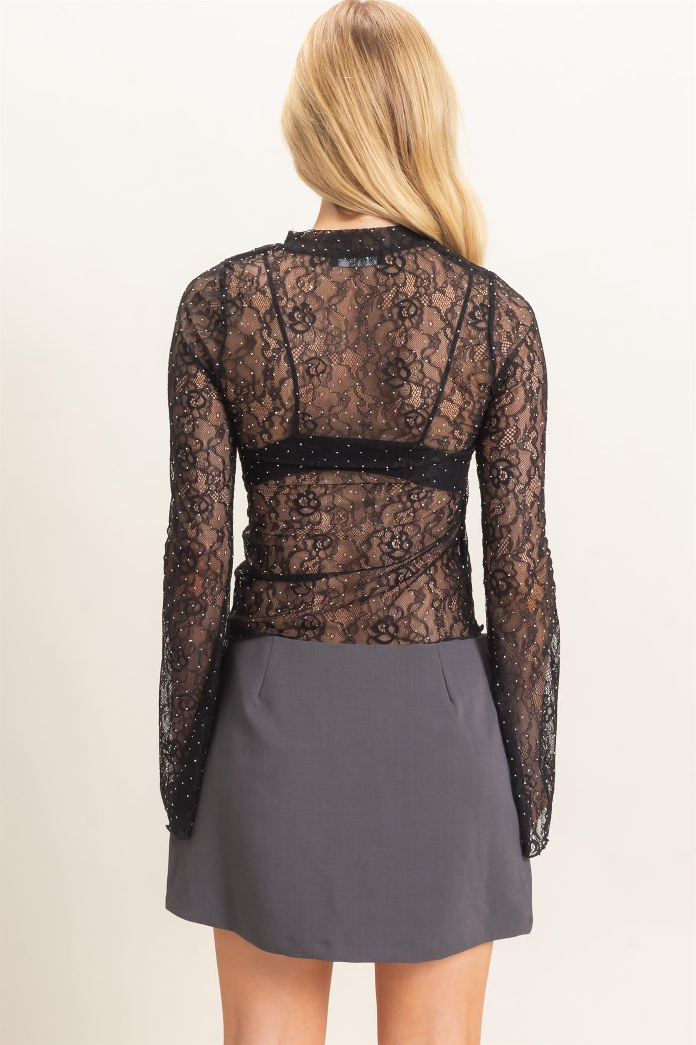 Wholesale Sheer Lace Gem-Embellished Top Clothing Tops HF26F055 BLACK HYFVE