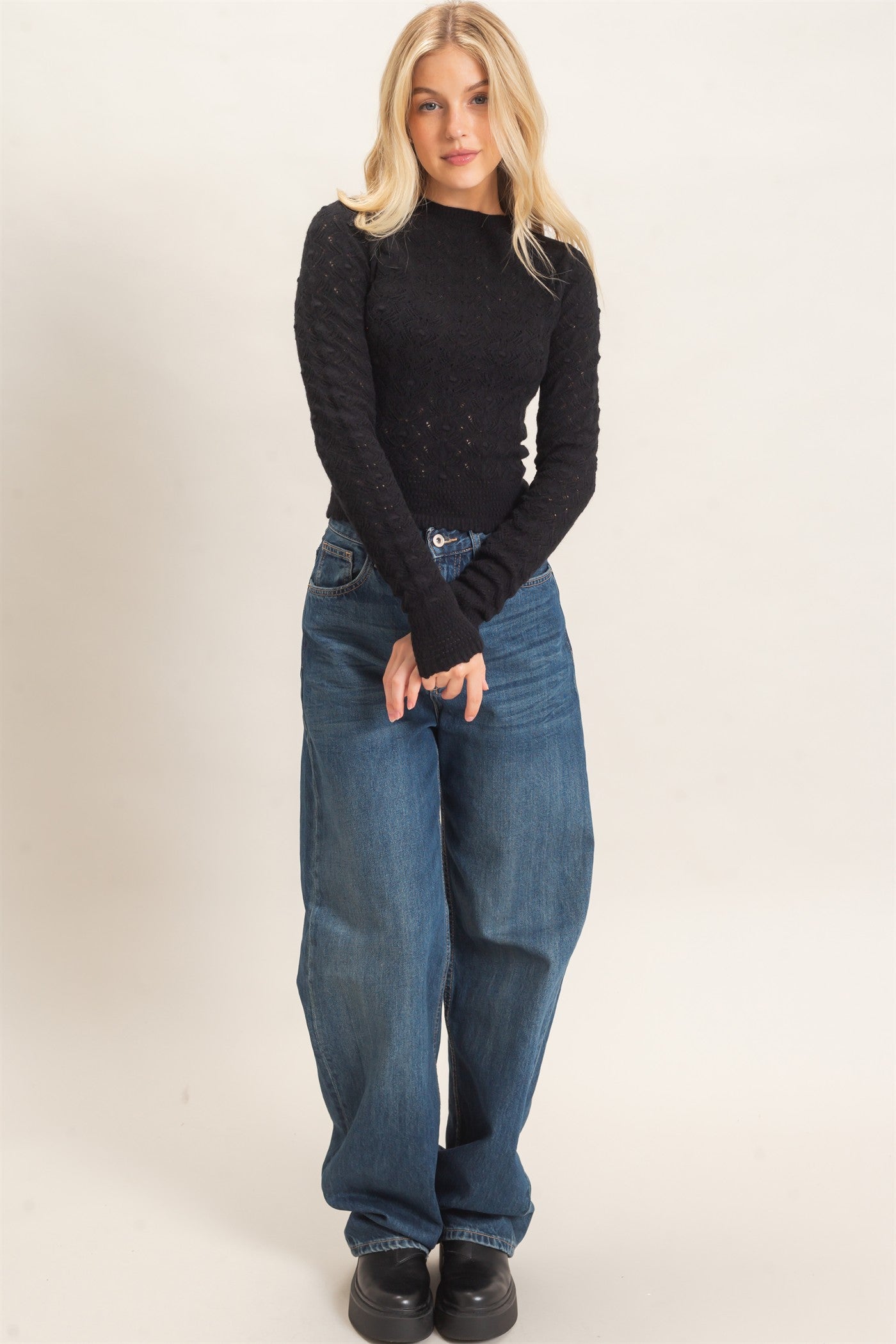 Wholesale Crochet Scalloped Hem Sweater Sweaters HF26F195 BLACK HYFVE