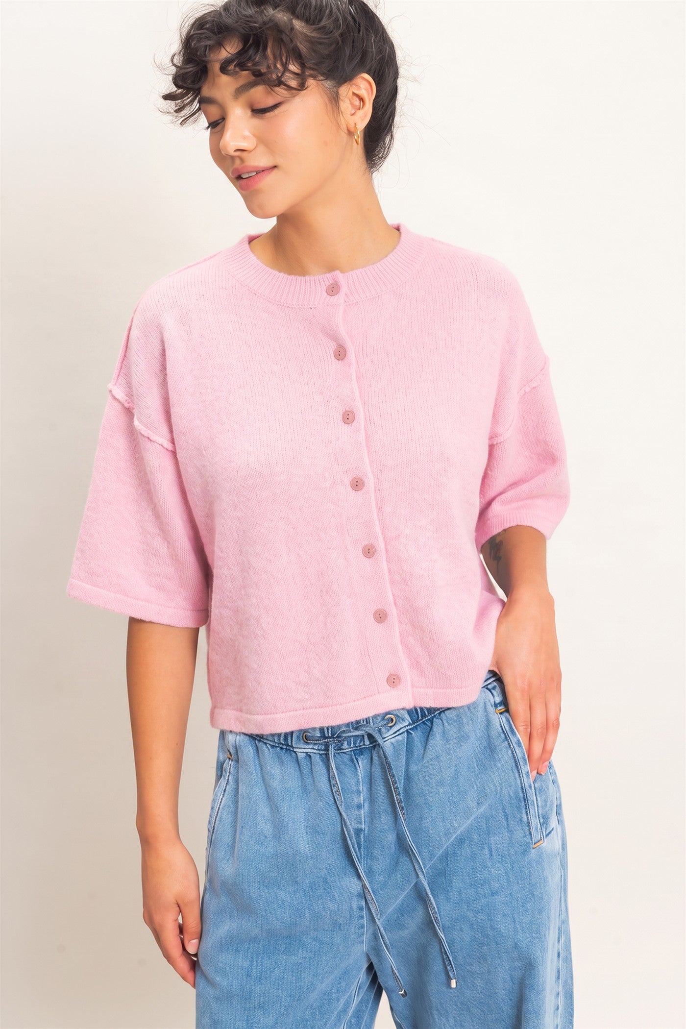 Wholesale Drop Shoulder Short Sleeve Cardigan Cardigans DZ26E238 PINK DOUBLE ZERO
