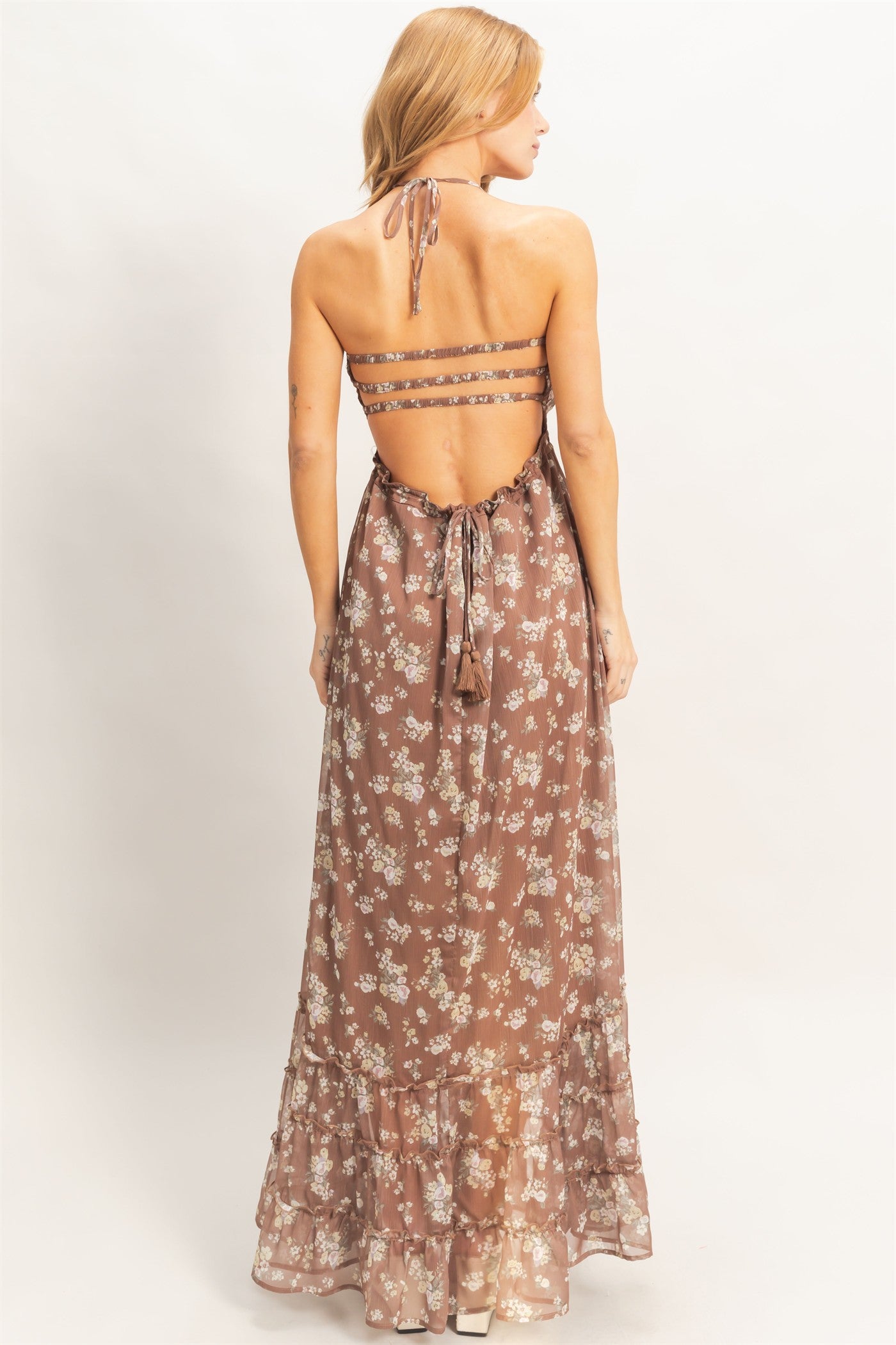 Wholesale Smocked Floral Maxi Dress Dresses HF26E648 BROWN HYFVE