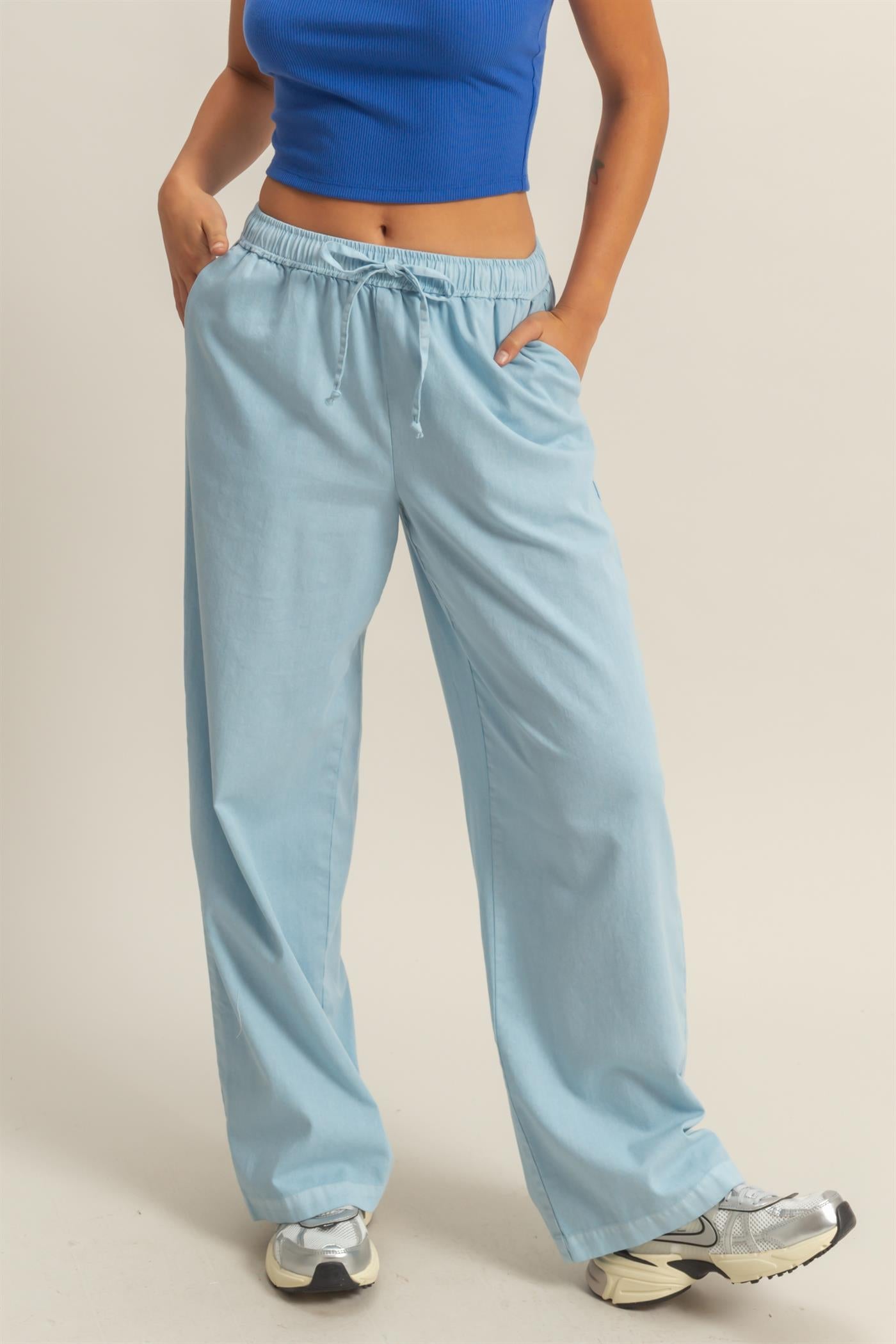 Wholesale Drawstring Waist Straight Leg Pants Pants DZ24A339 BABY BLUE DOUBLE ZERO