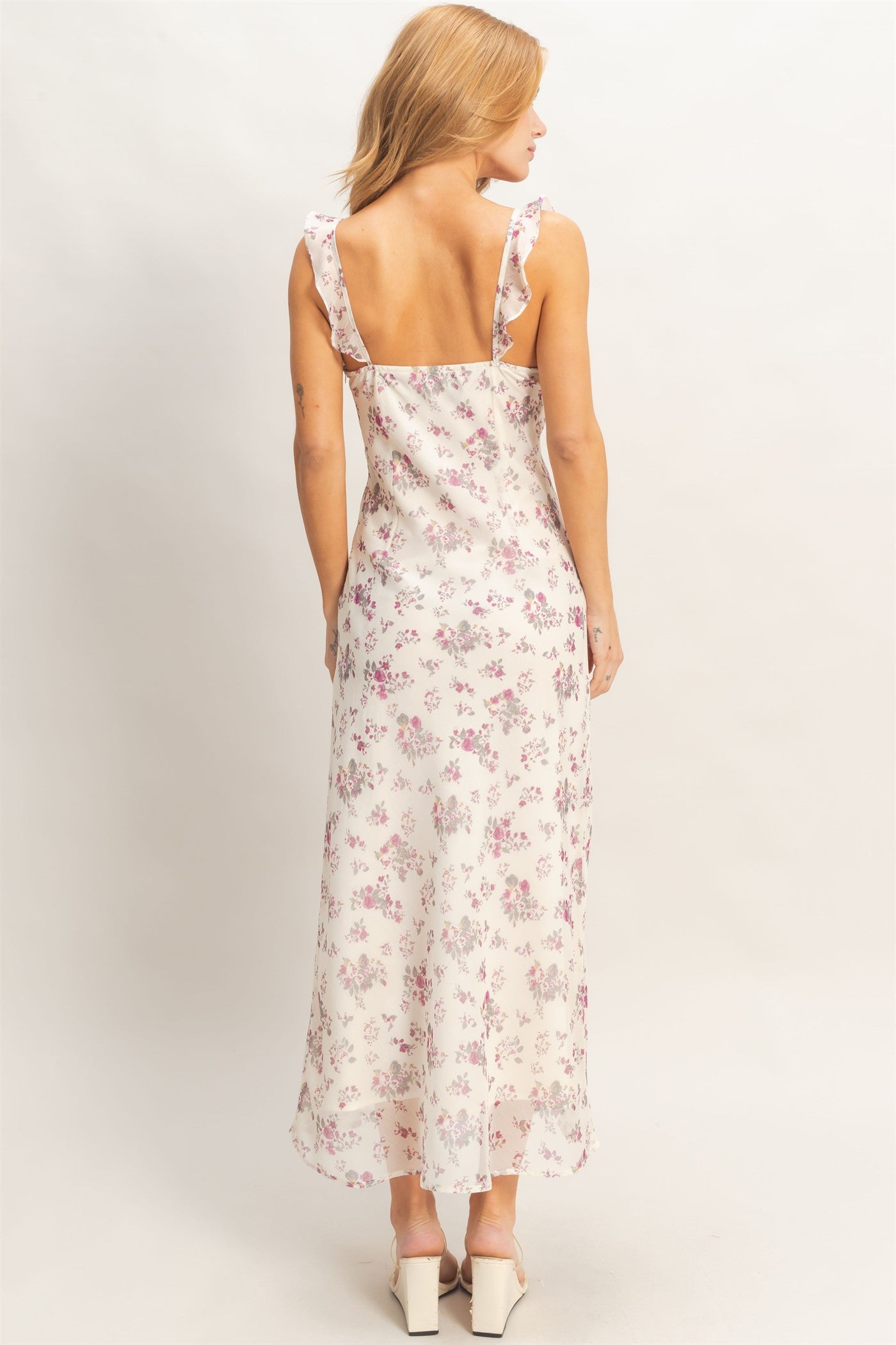 Wholesale Floral Ruffle Strap Midi Dress Dresses HF26E344 ROSE WINE HYFVE