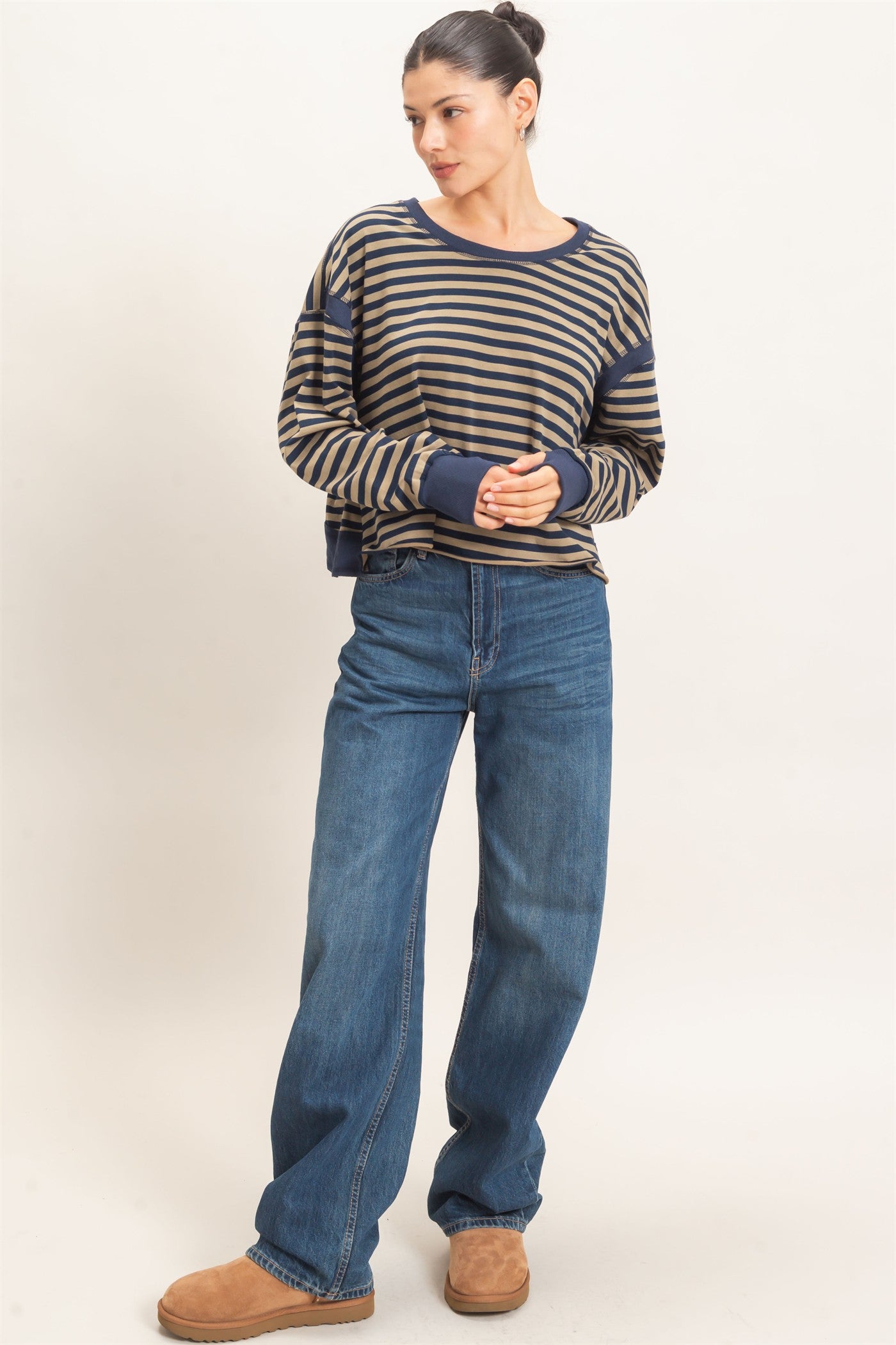 Wholesale Striped Long Sleeve Top Clothing Tops HF26C908-D NAVY HYFVE