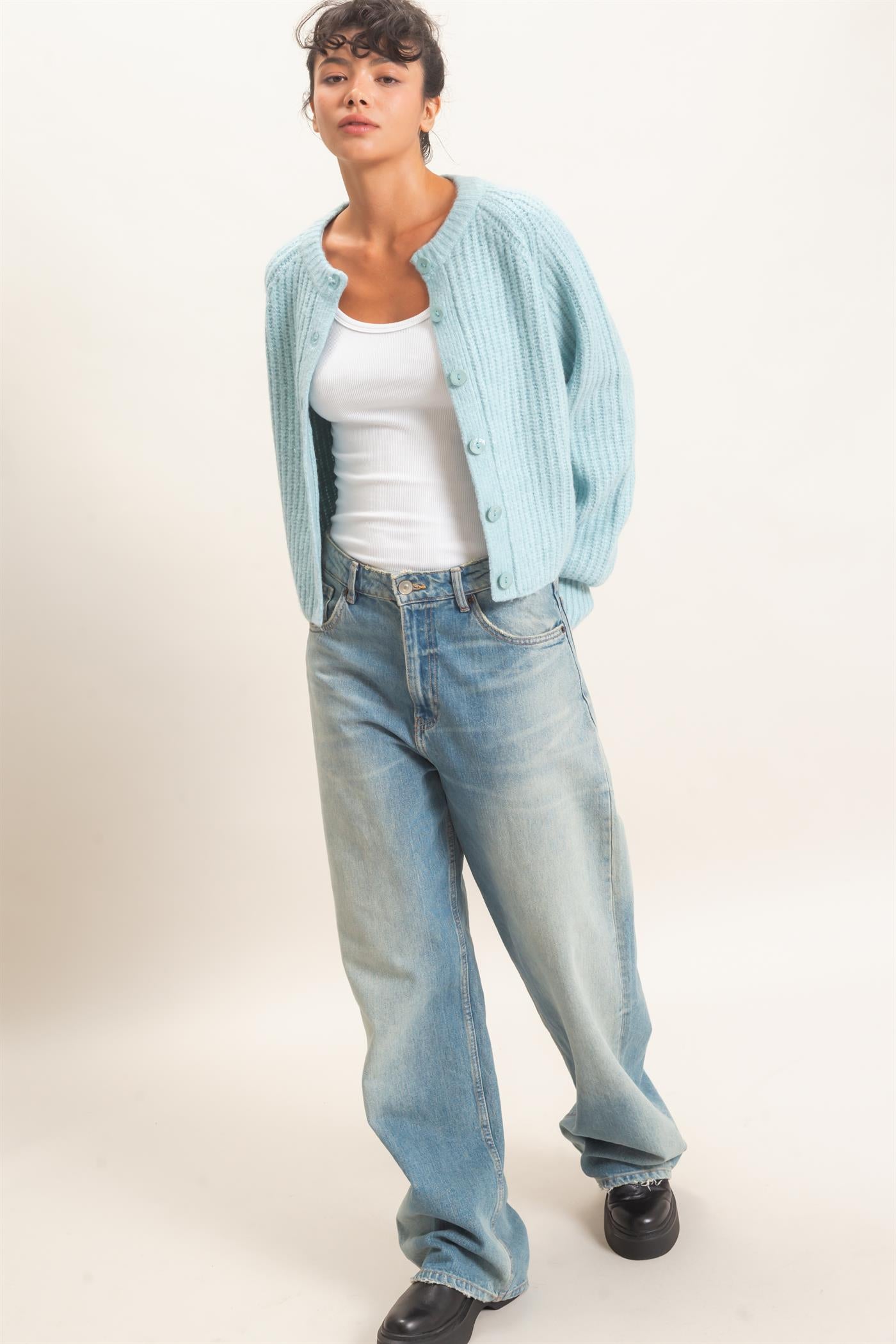Wholesale Ribbed Button Front Cardigan Cardigans DZ26E109 STEEL BLUE DOUBLE ZERO