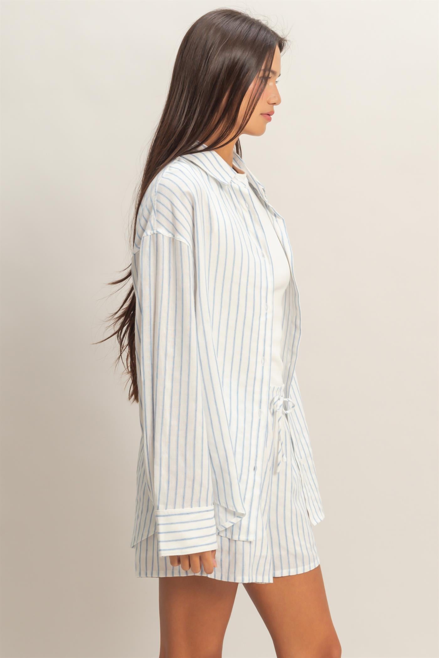 Wholesale Striped Button-Up Shirt Shirts DZ26C413 BLUE DOUBLE ZERO