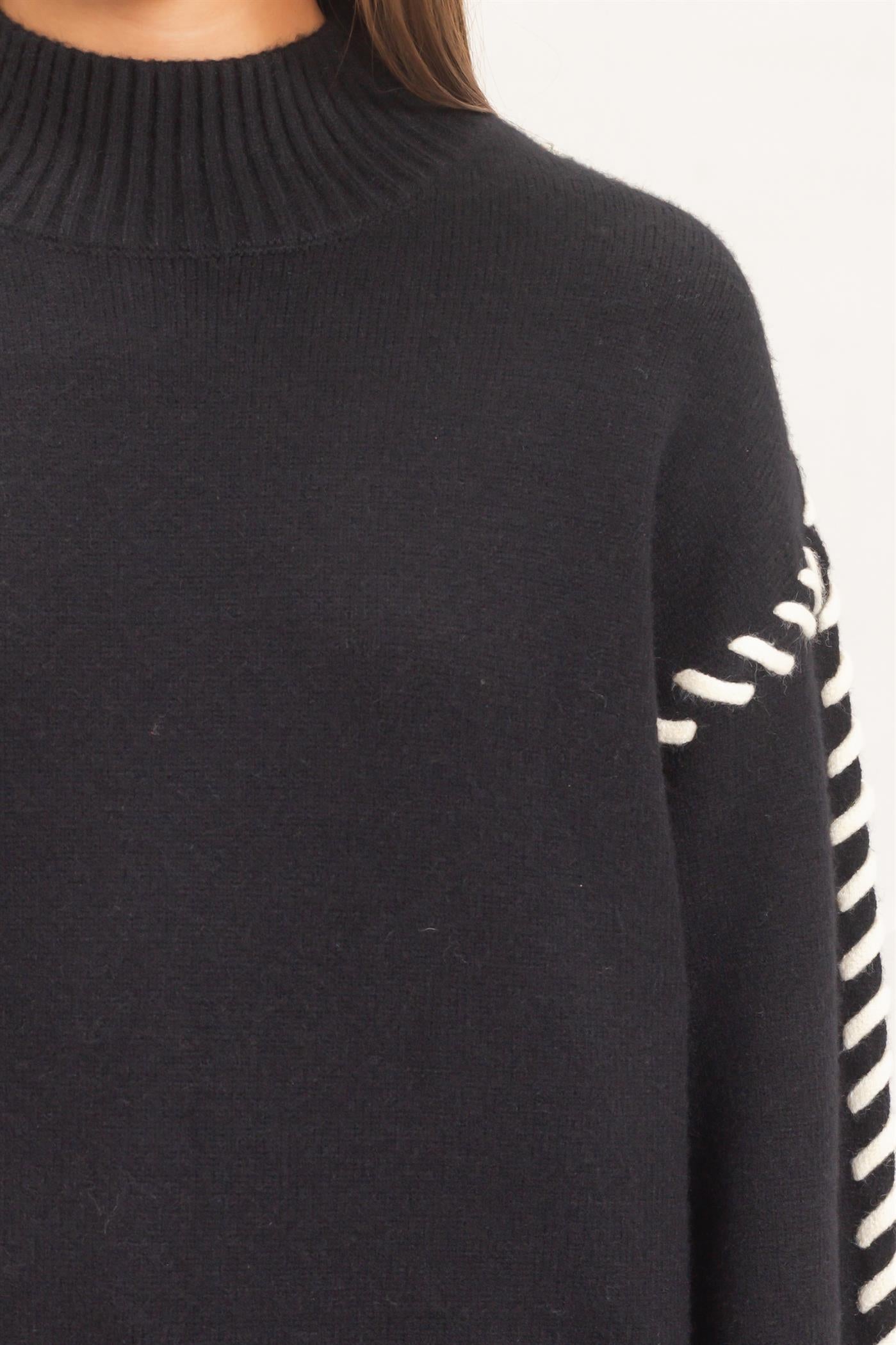 Wholesale Blanket Stitch High Neck Sweater Sweaters DZ27A190 BLACK DOUBLE ZERO