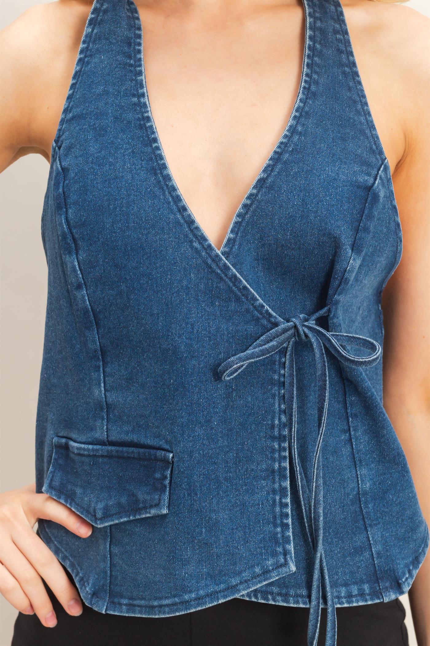 Wholesale Denim Halter Wrap Top Clothing Tops HF26C565 MEDIUM BLUE HYFVE