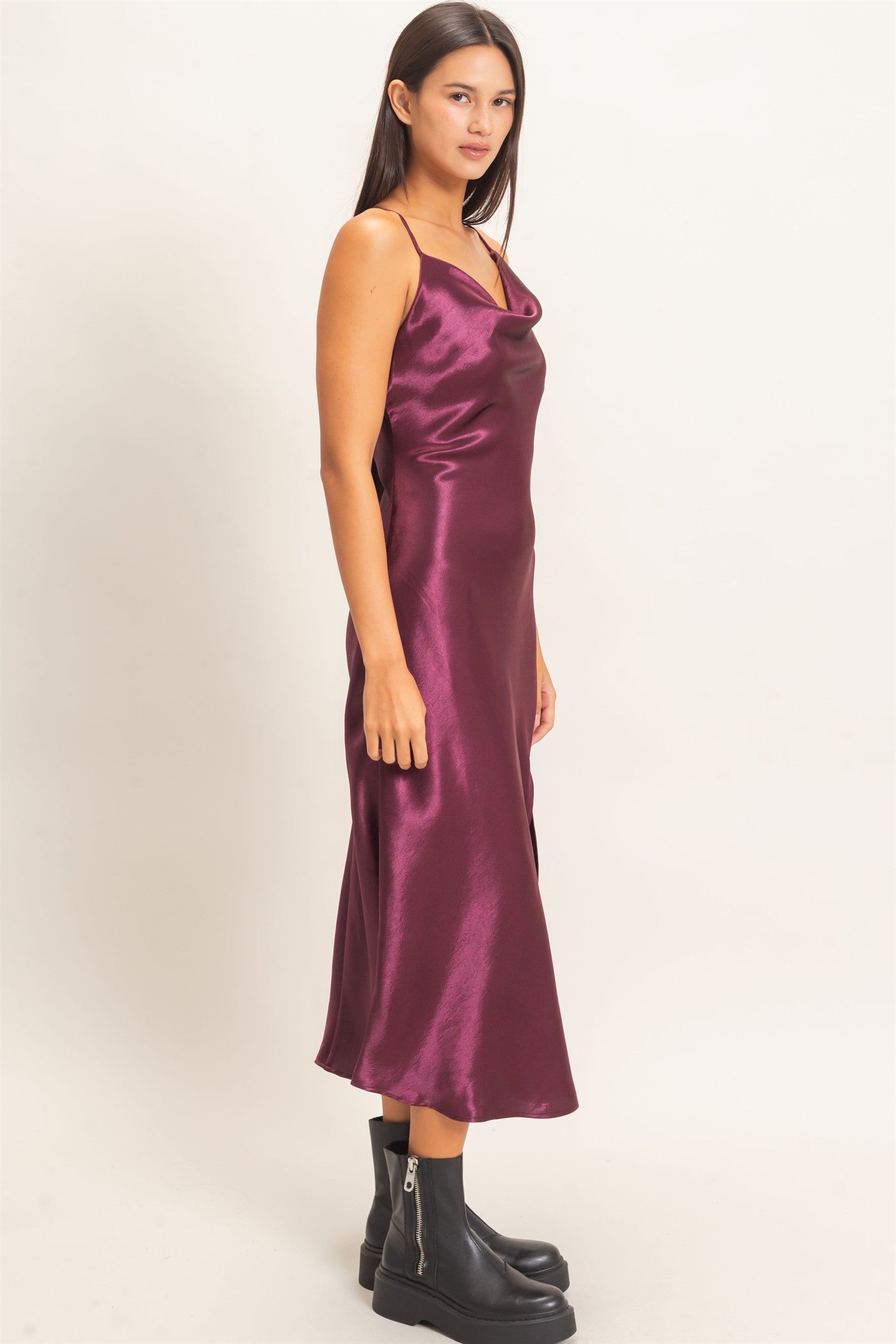 Wholesale Cowl Neck Satin Slip Dress Dresses DZ26E251 DARK CHERRY DOUBLE ZERO
