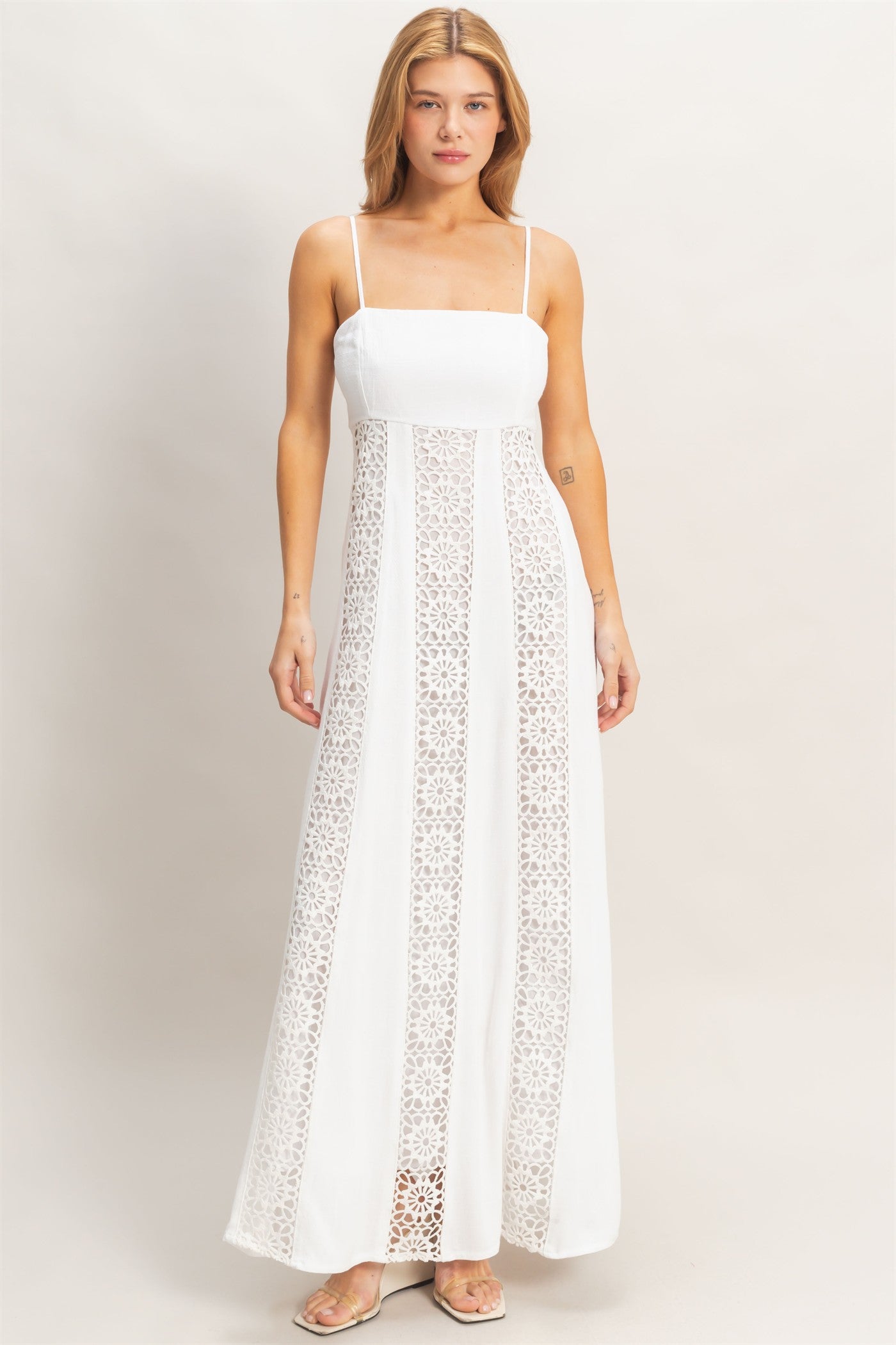 Wholesale Woven Lace Trim Maxi Dress Dresses HF26A498 WHITE HYFVE