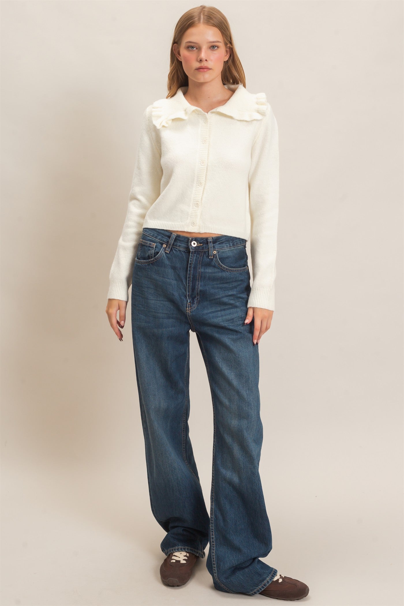 Wholesale Ruffled Collar Knit Cardigan Cardigans HF26E162-D IVORY HYFVE