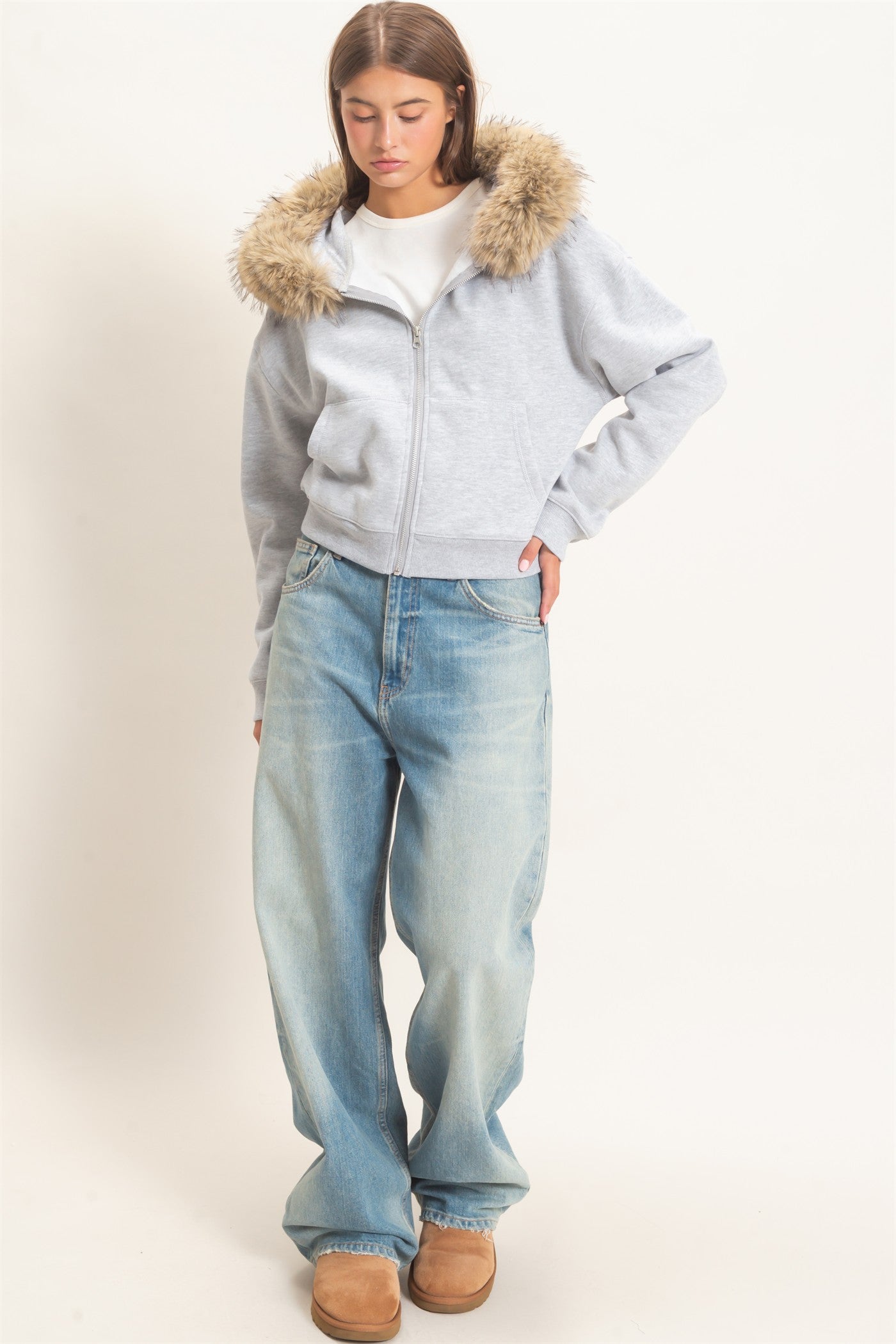 Wholesale Detachable Fur Zip Up Hoodie Hoodies DZ26F396 HEATHER GRAY DOUBLE ZERO