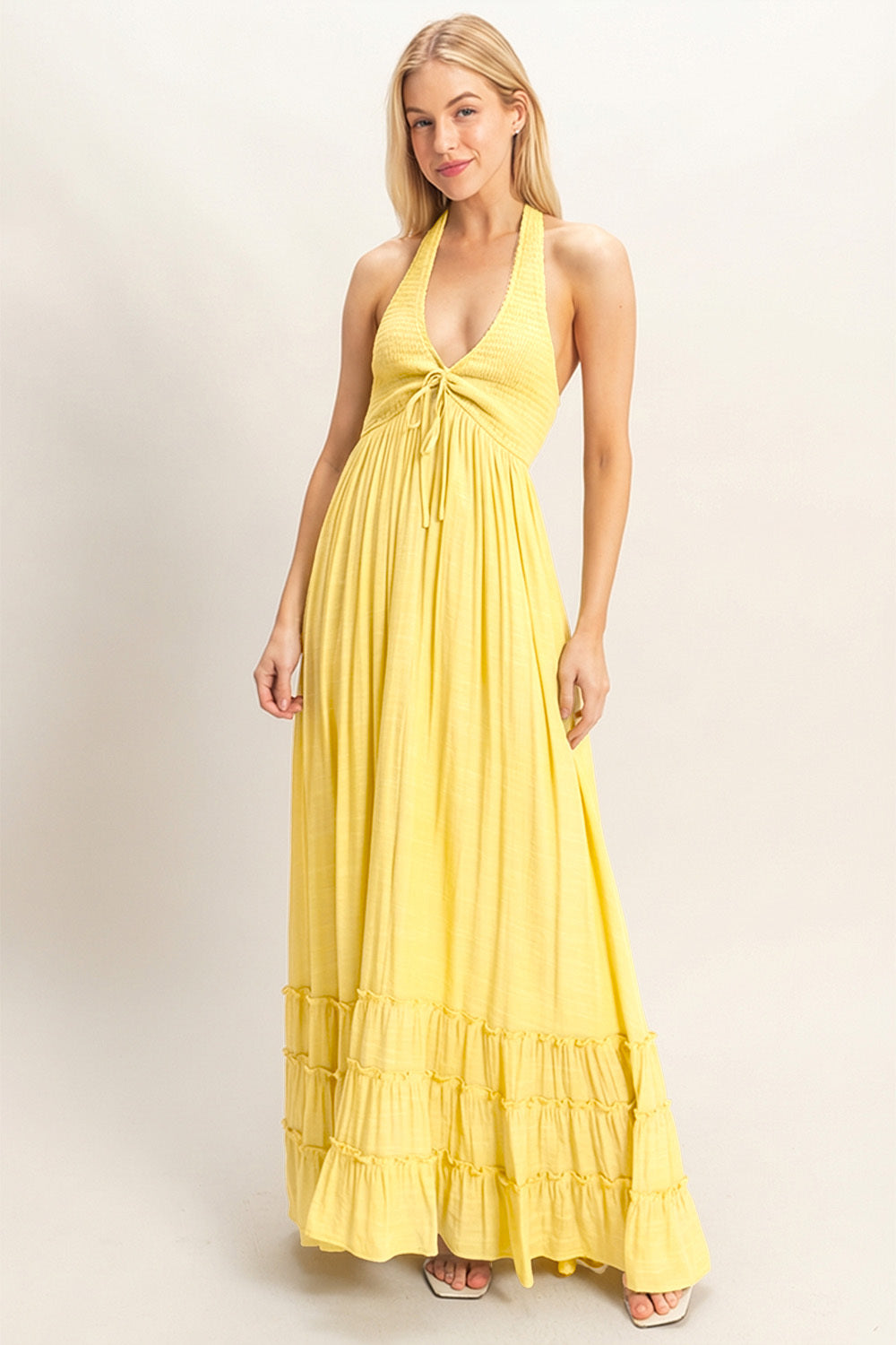 Wholesale Halter Neck Smocked Maxi Dress Dresses HF26C287-D LIGHT YELLOW HYFVE