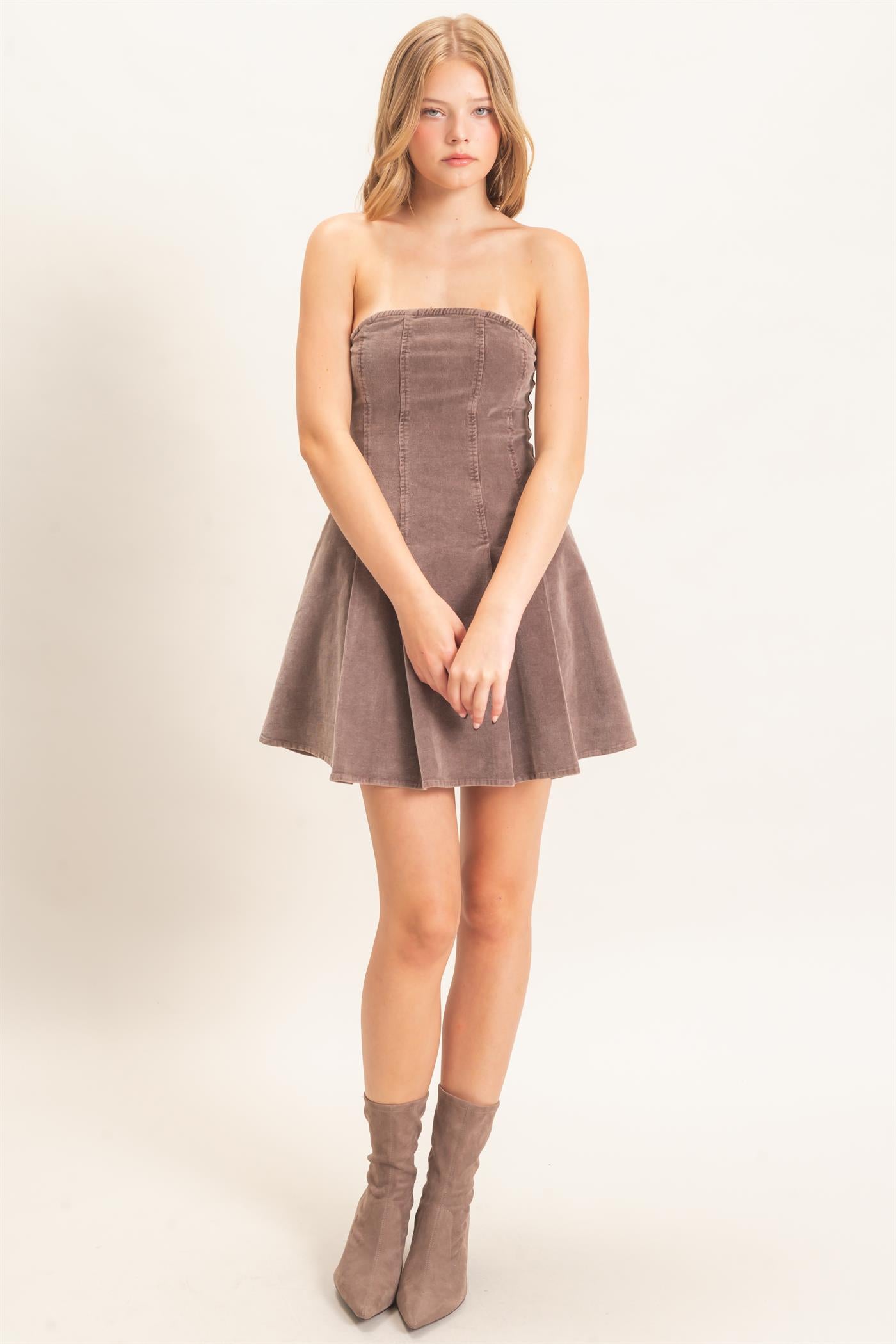 Wholesale Strapless Mineral Wash Dress Dresses HF26F215 BROWN HYFVE