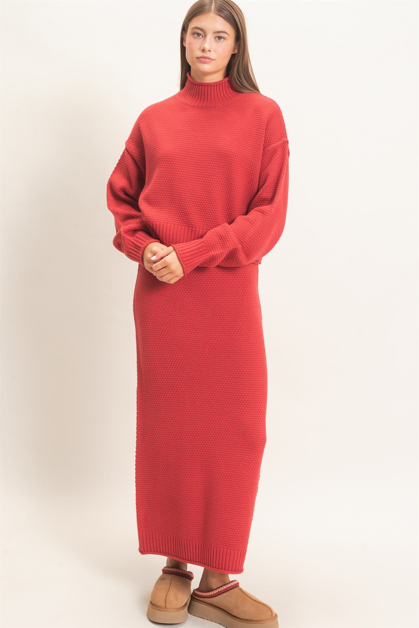 Wholesale High Neck Long Sleeve Top & Maxi Skirt Set Clothing DZ26E272-SET DARK RED DOUBLE ZERO