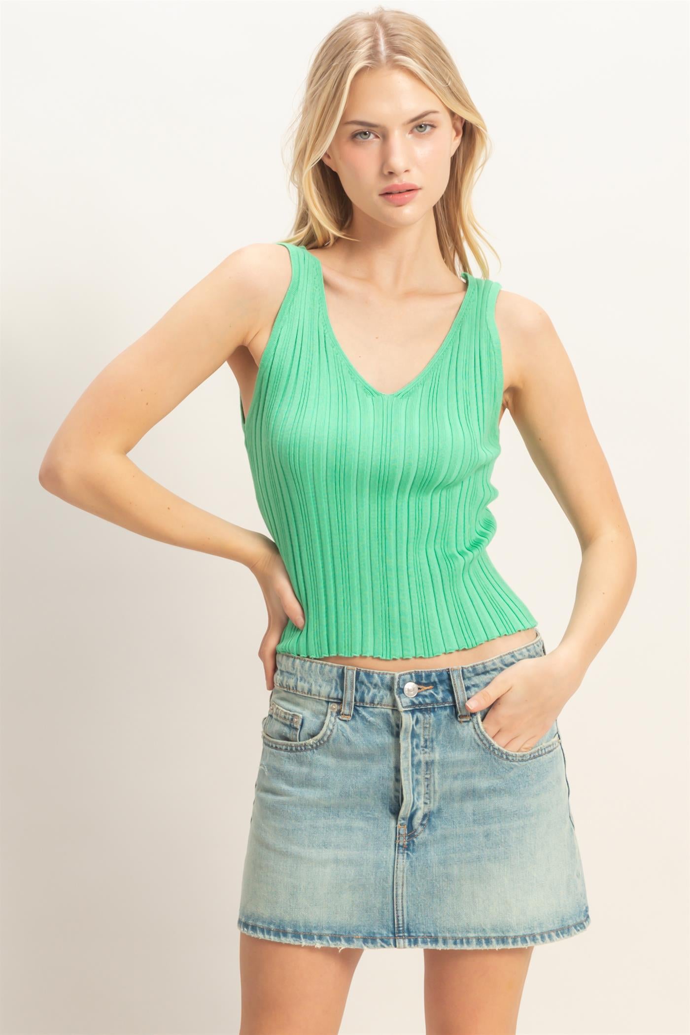 Wholesale Ribbed V-Neck Tank Top Sweaters HF26C331 GREEN HYFVE