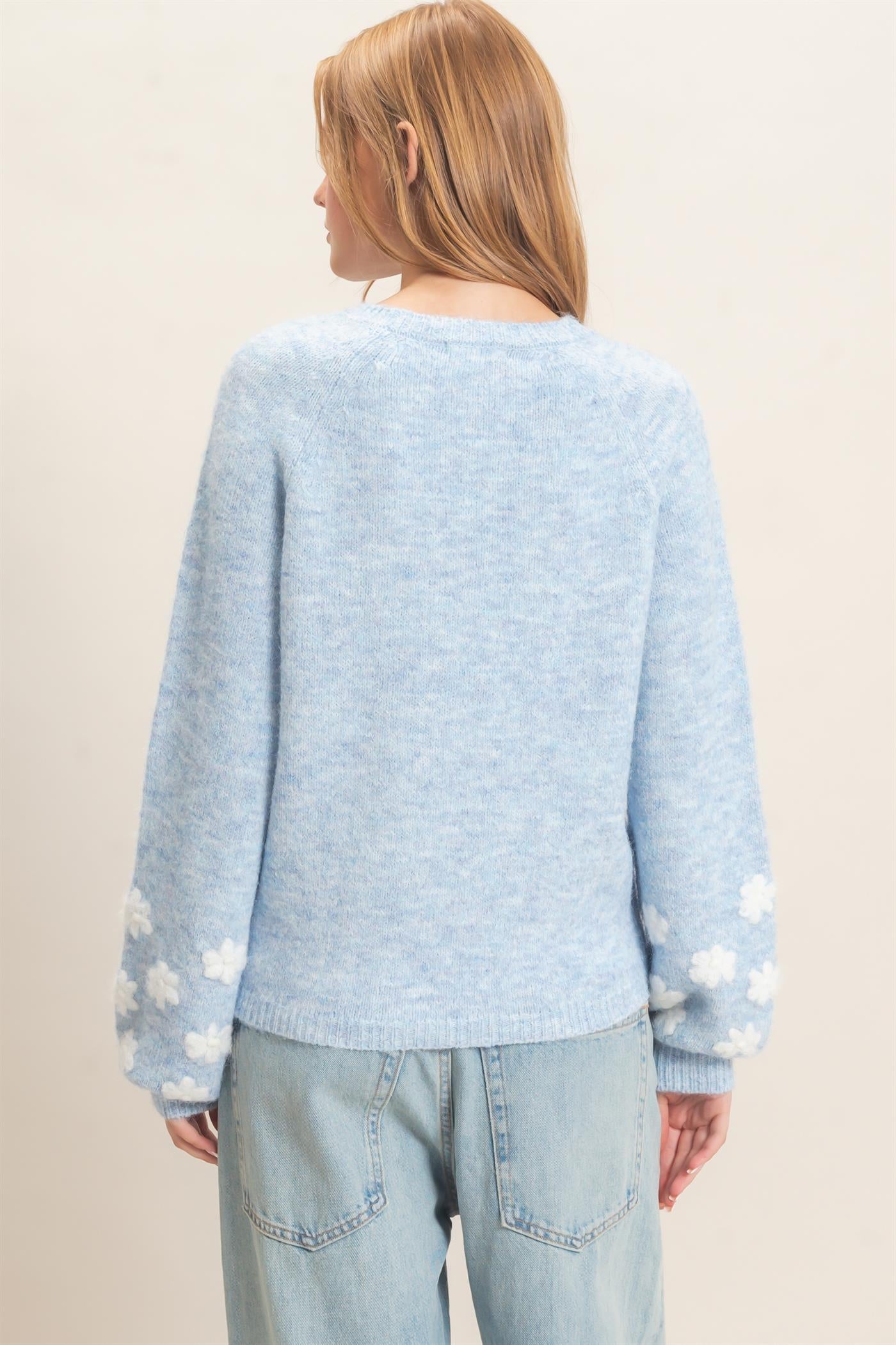 Wholesale Floral Applique Raglan Sleeve Sweater Sweaters HF26E808 MISTY BLUE HYFVE