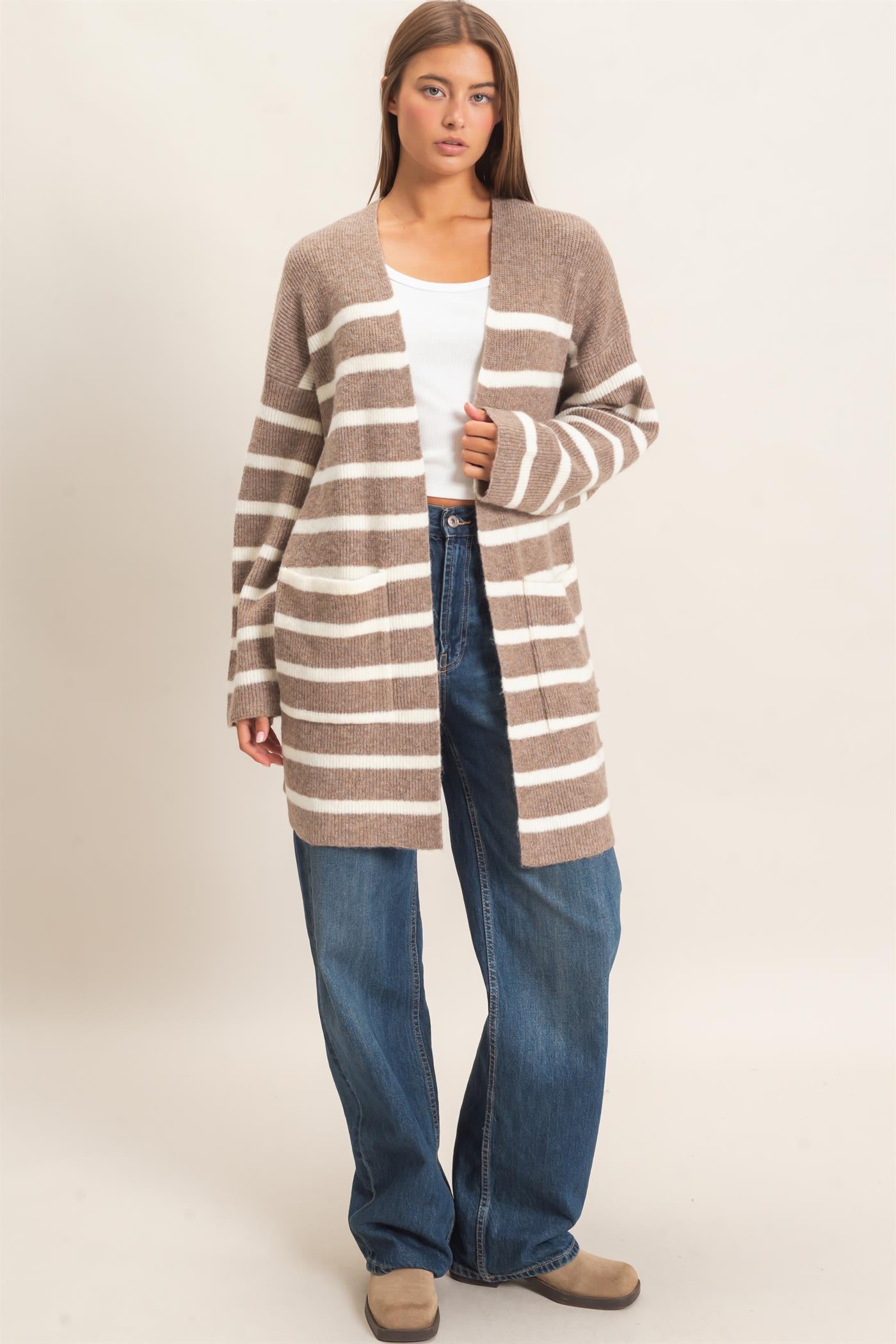 Wholesale Open Front Stripe Cardigan Cardigans DZ26C342 DARK TAUPE DOUBLE ZERO