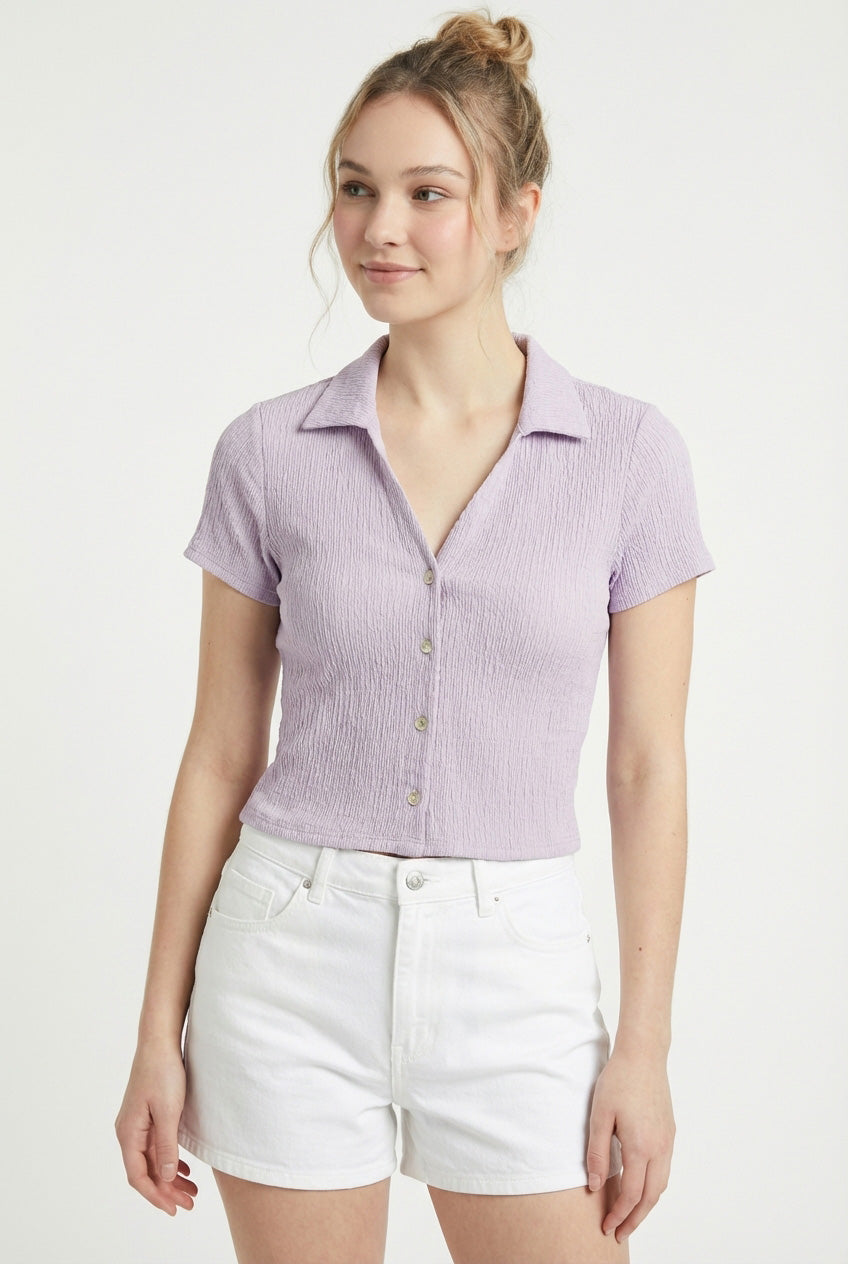 Wholesale Crinkle Knit Button Front Top Clothing Tops DZ24A757 LAVENDER DOUBLE ZERO