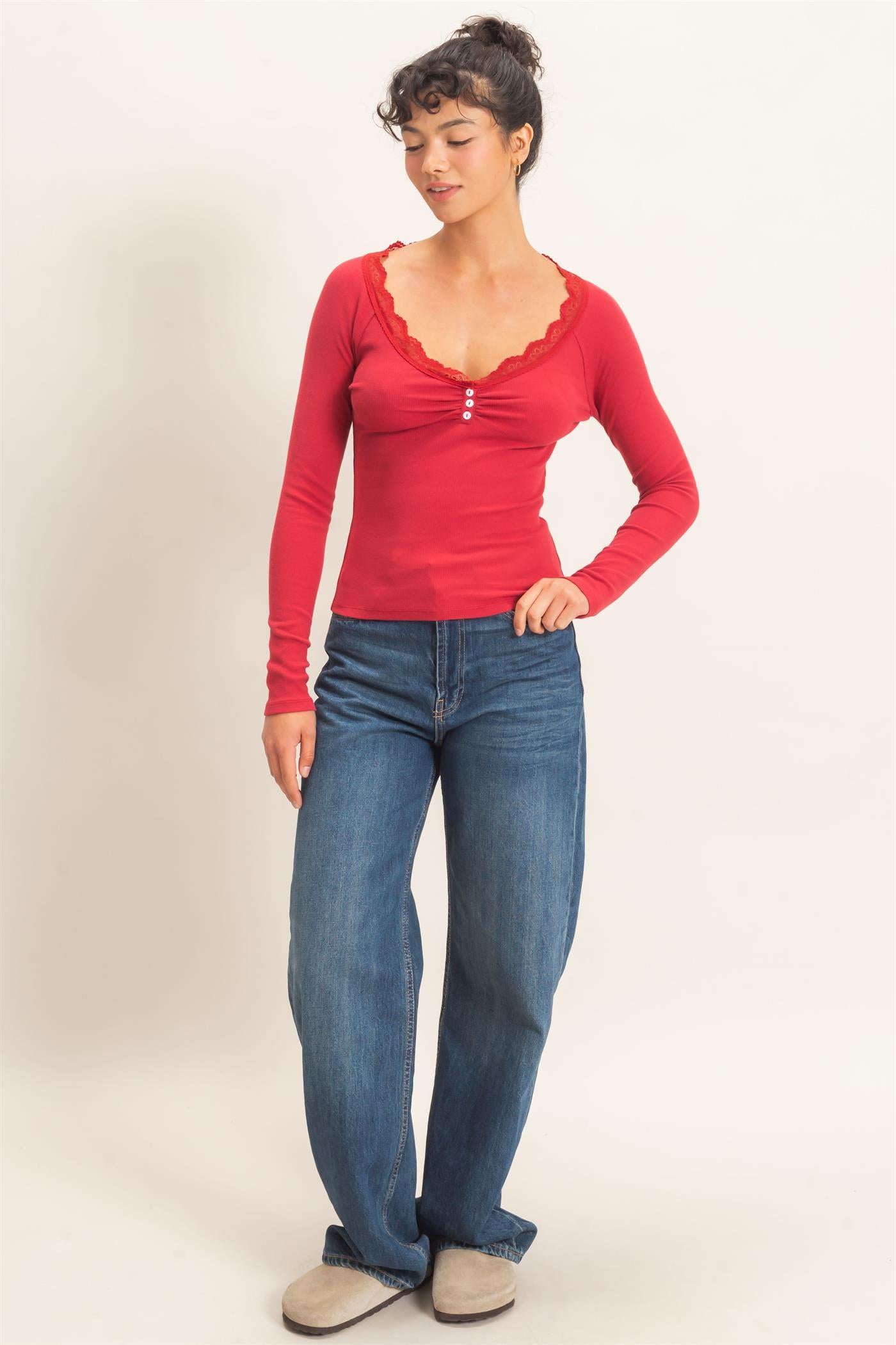 Wholesale Lace-Trim Henley Top Clothing Tops DZ26E325 DARK RED DOUBLE ZERO