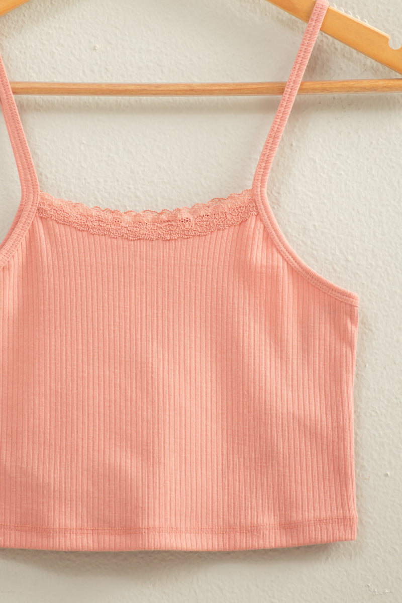 Wholesale Ribbed Lace Detail Cami Crop Top Clothing Tops DZ22C573 TEAK ROSE DOUBLE ZERO