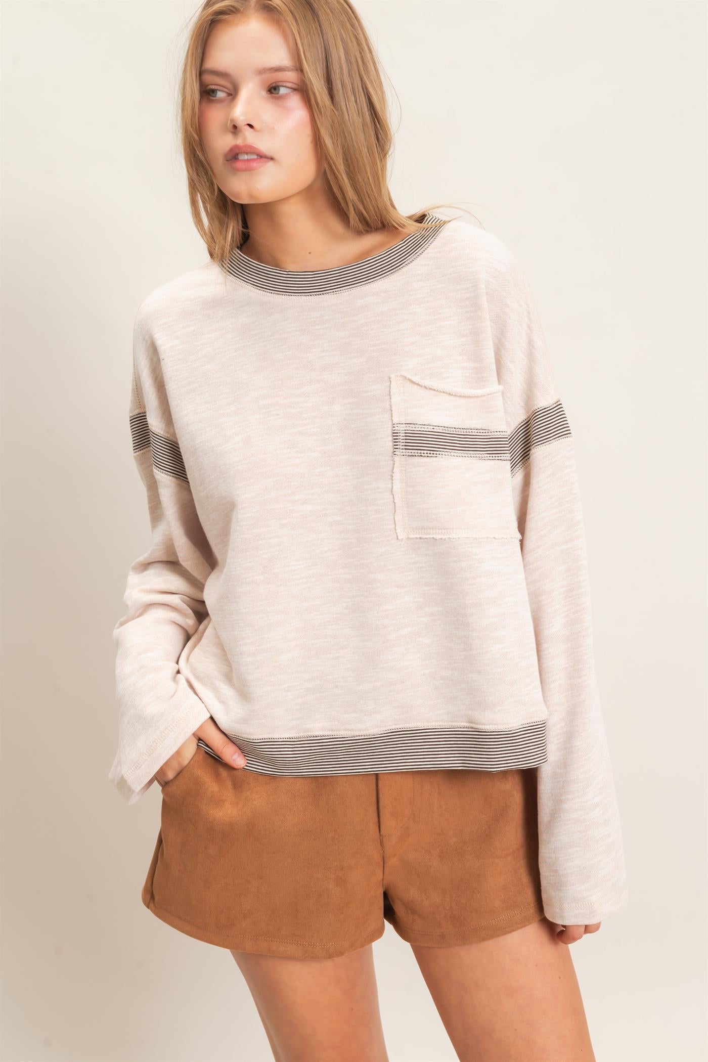 Wholesale Striped Trim Pocket Sweatshirt Sweatshirts HF26E557 OATMEAL HYFVE