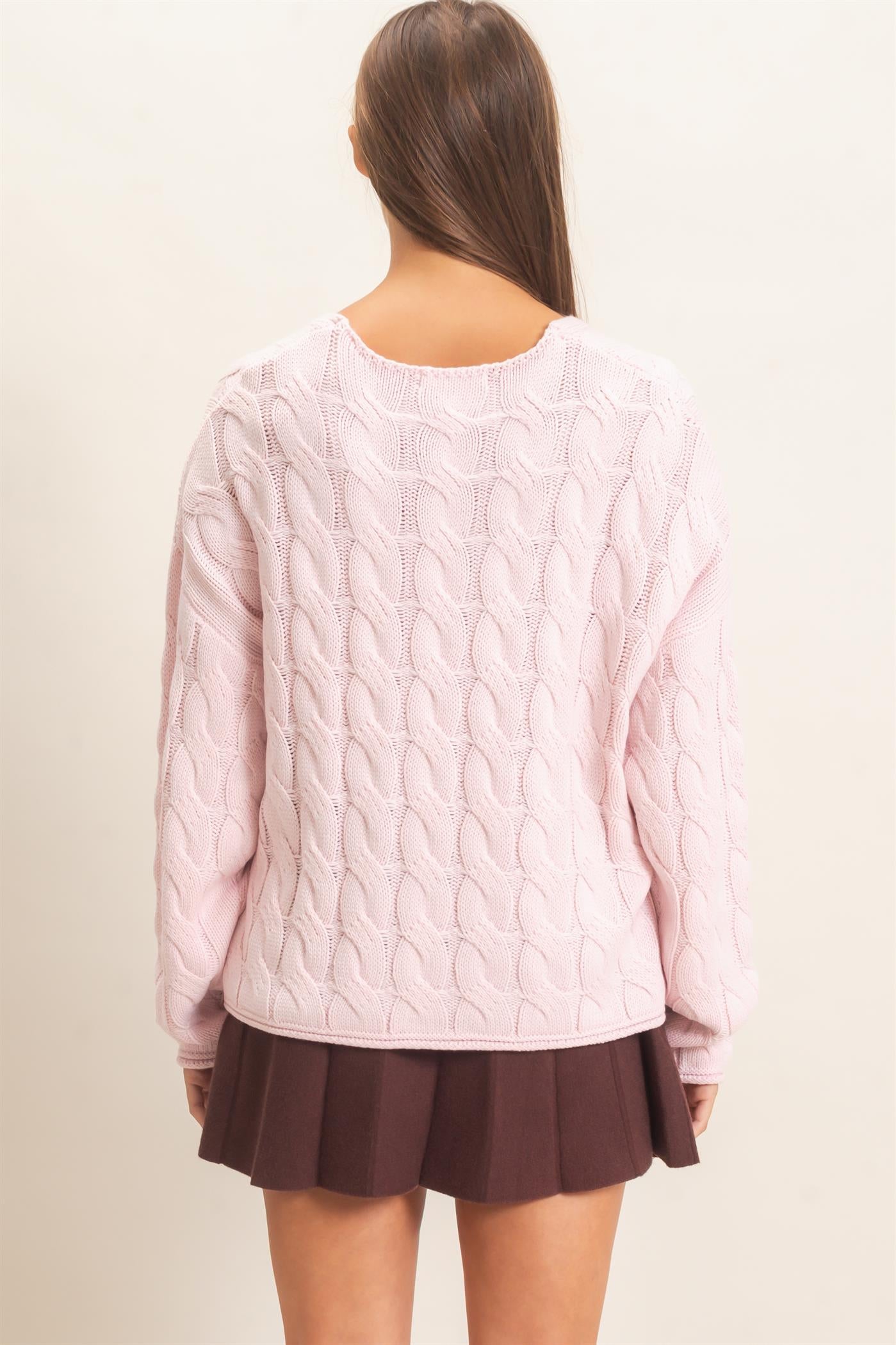 Wholesale Cable Knit V-Neck Sweater Sweaters DZ26E087 LIGHT PINK DOUBLE ZERO