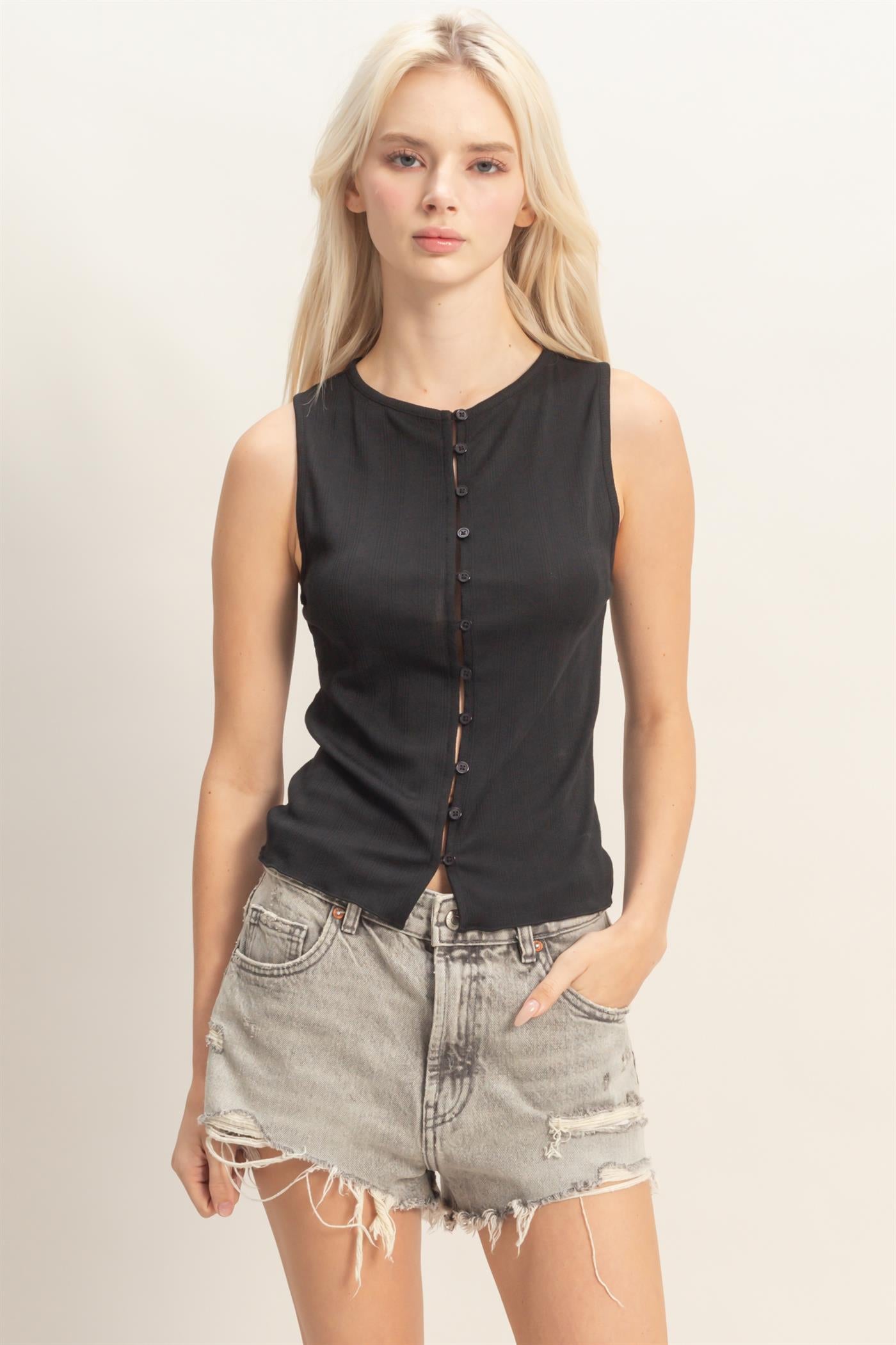 Wholesale Sleeveless Pointelle Button Front Top Clothing Tops DZ26A759 BLACK DOUBLE ZERO