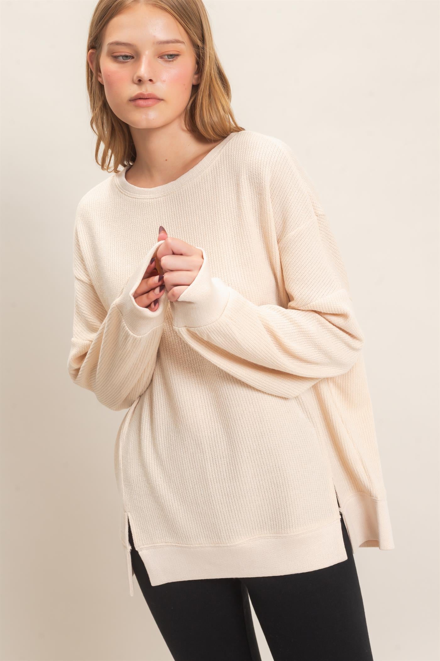 Wholesale Ribbed Boat Neck Knit Top Clothing Tops HF26E852 CREAM HYFVE