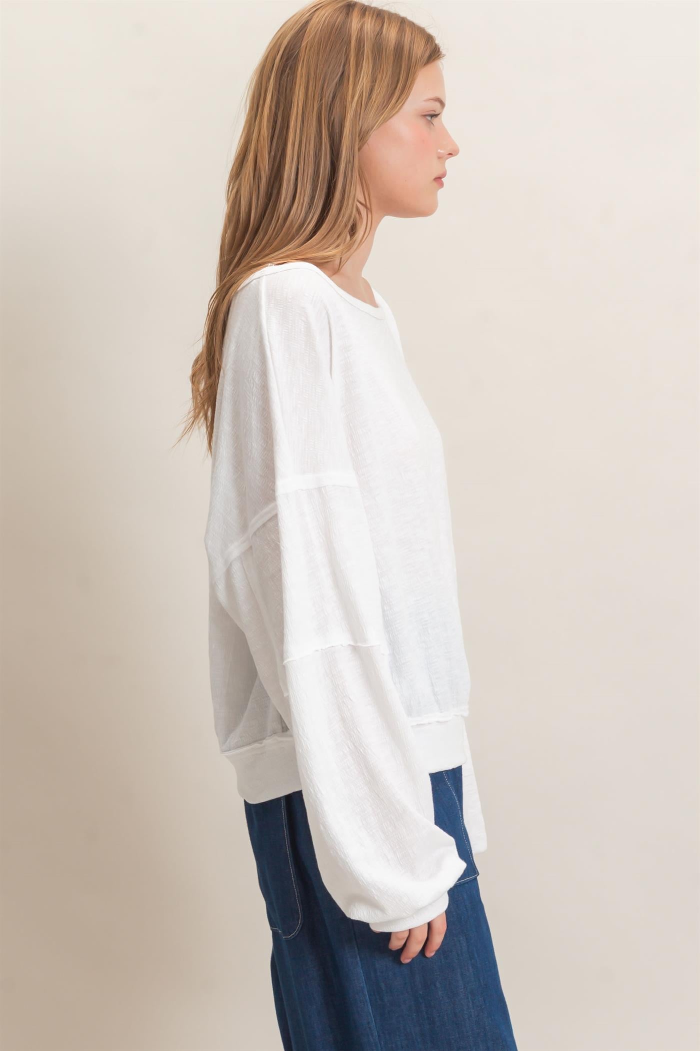 Wholesale Relaxed Boat Neck Long Sleeve Top Clothing Tops HF25F340 WHITE HYFVE