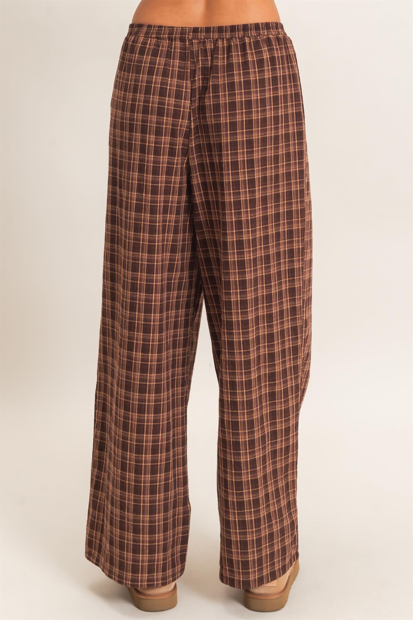 Wholesale Elastic Waist Plaid Pants Pants DZ26E375 BROWN DOUBLE ZERO