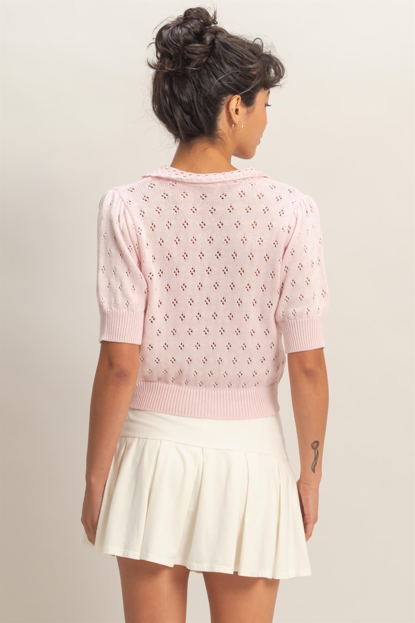 Wholesale Pointelle Collar Button-Up Puff Sleeve Knit Top Clothing Tops DZ26A748 SOFT PINK HYFVE